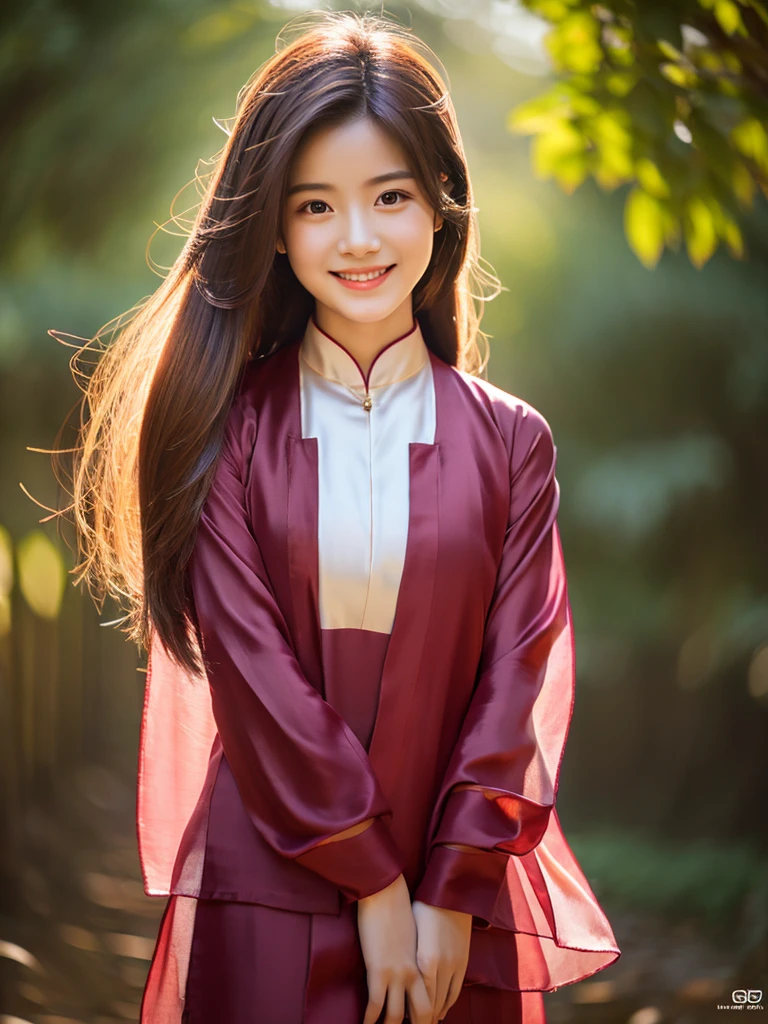 maroon silk aodai, Vietnamese girl, smile , long silky hair, Realistic lighting, delicate face, Body perfect anatomy,Top Quality, 8K Resolution , full body , realistic , real human , High quality, realistic , Cinematic, Aesthetic, beautiful girl,