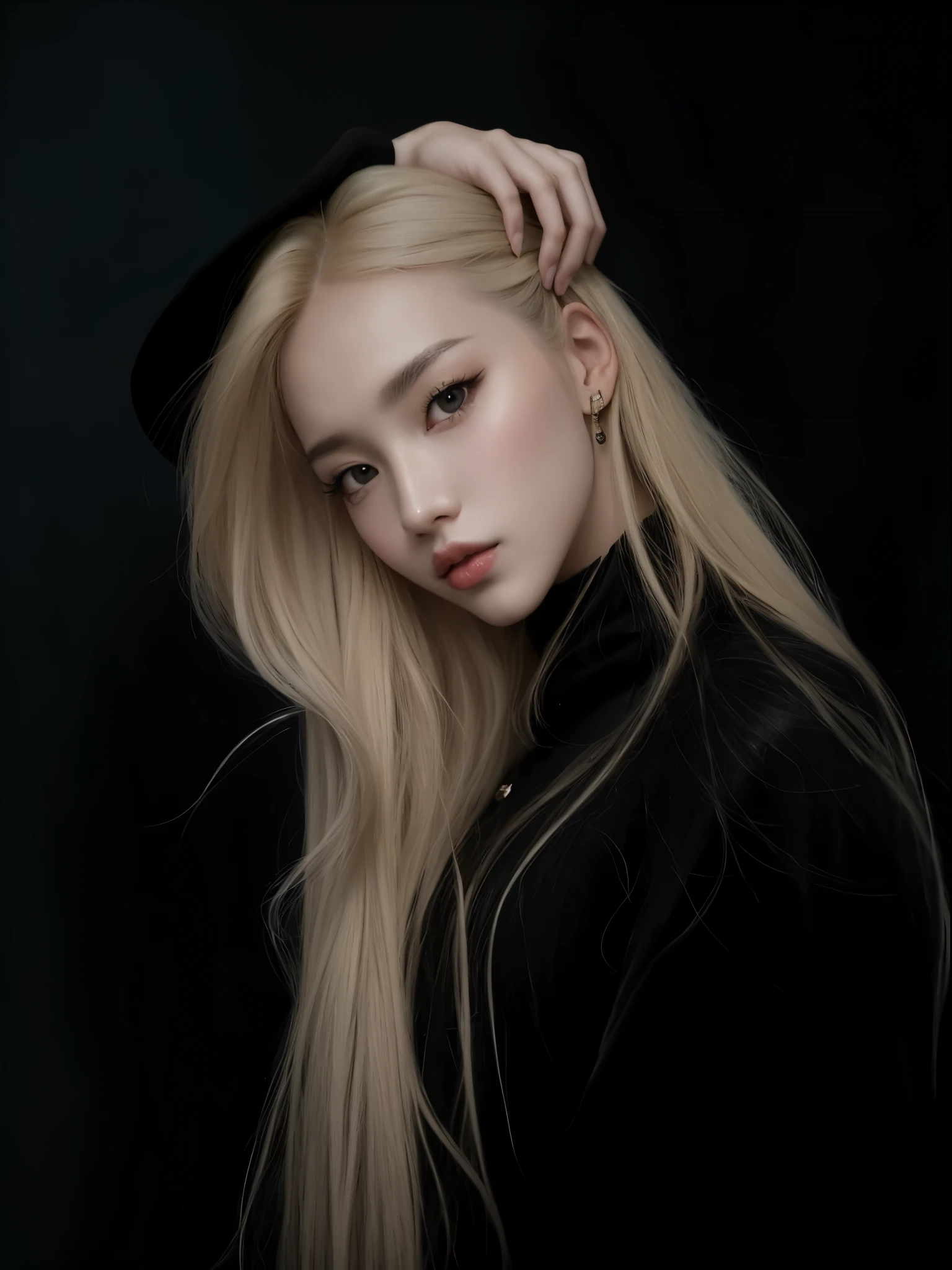 A closeup of a woman with long blond hair wearing a black hat, Retrato de Jossi do Blackpink, Parque Roseanne do Blackpink, Lalisa Manobal, Ulzzang, jossi do blackpink, Lalisa Manoban do Blackpink, extremely pale blond hair, coreana, Portrait of female Korean idol, portrait of kpop idol, Jinyoung Canela