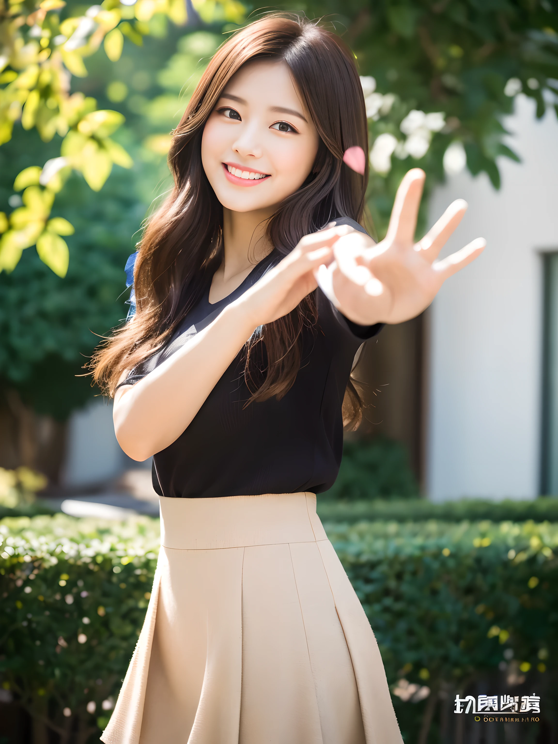 フォトリアリスティック，this is it模糊，sense of narrative，background bokeh f1. 2，largeaperture，young girls，vibrancy，this is iegant dark brown hair，Heart gesture，The smile is bright，Sunny in summer，Halo texture，flowy mini skirt，