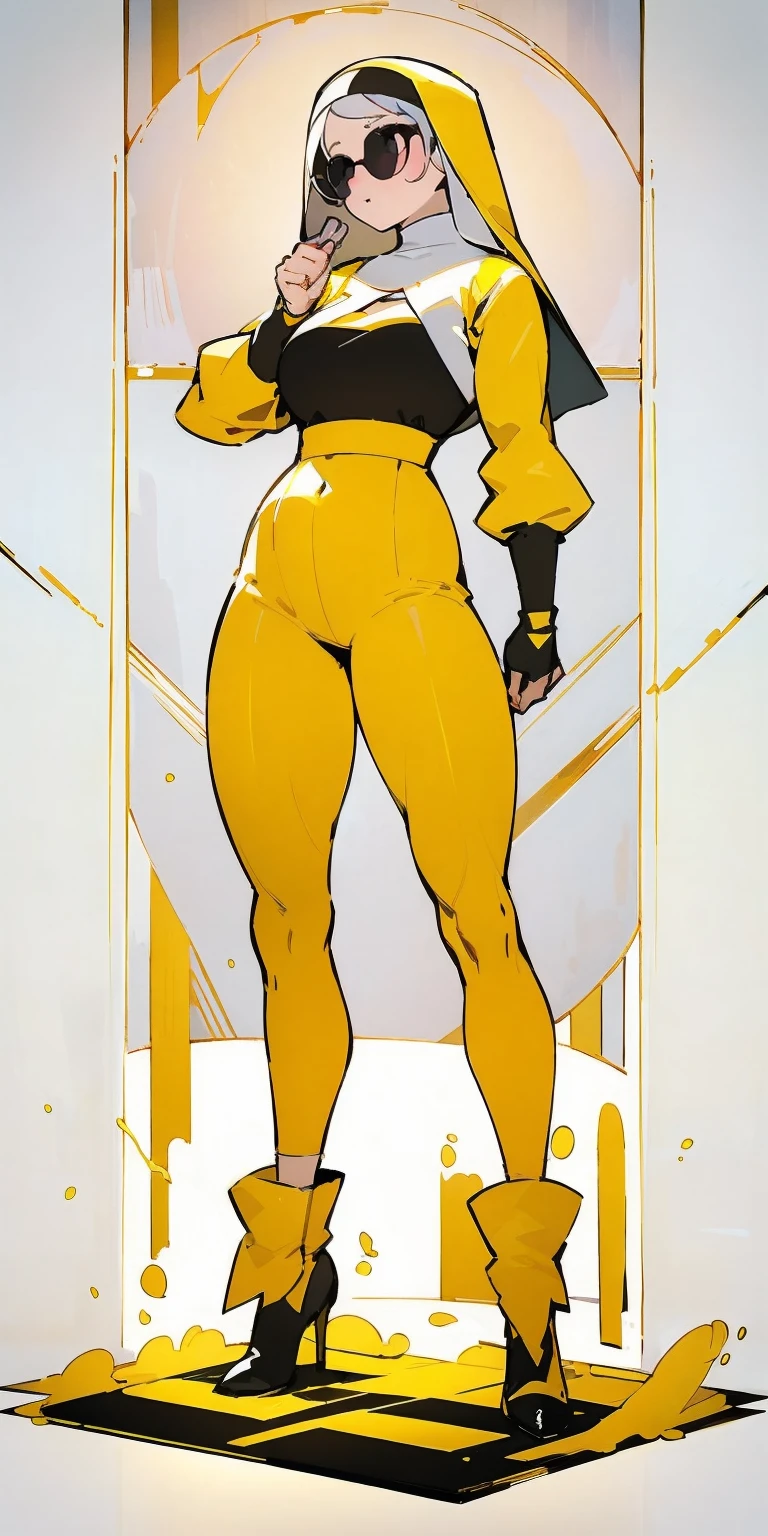 (masterpiece, best quality, ultra-detailed), AlexTS, (dark skin:1.2), yellow eyes, black hair, short hair, medium breasts, yellow bodysuit, long sleeve, (portrait shot, full body), looking at viewer