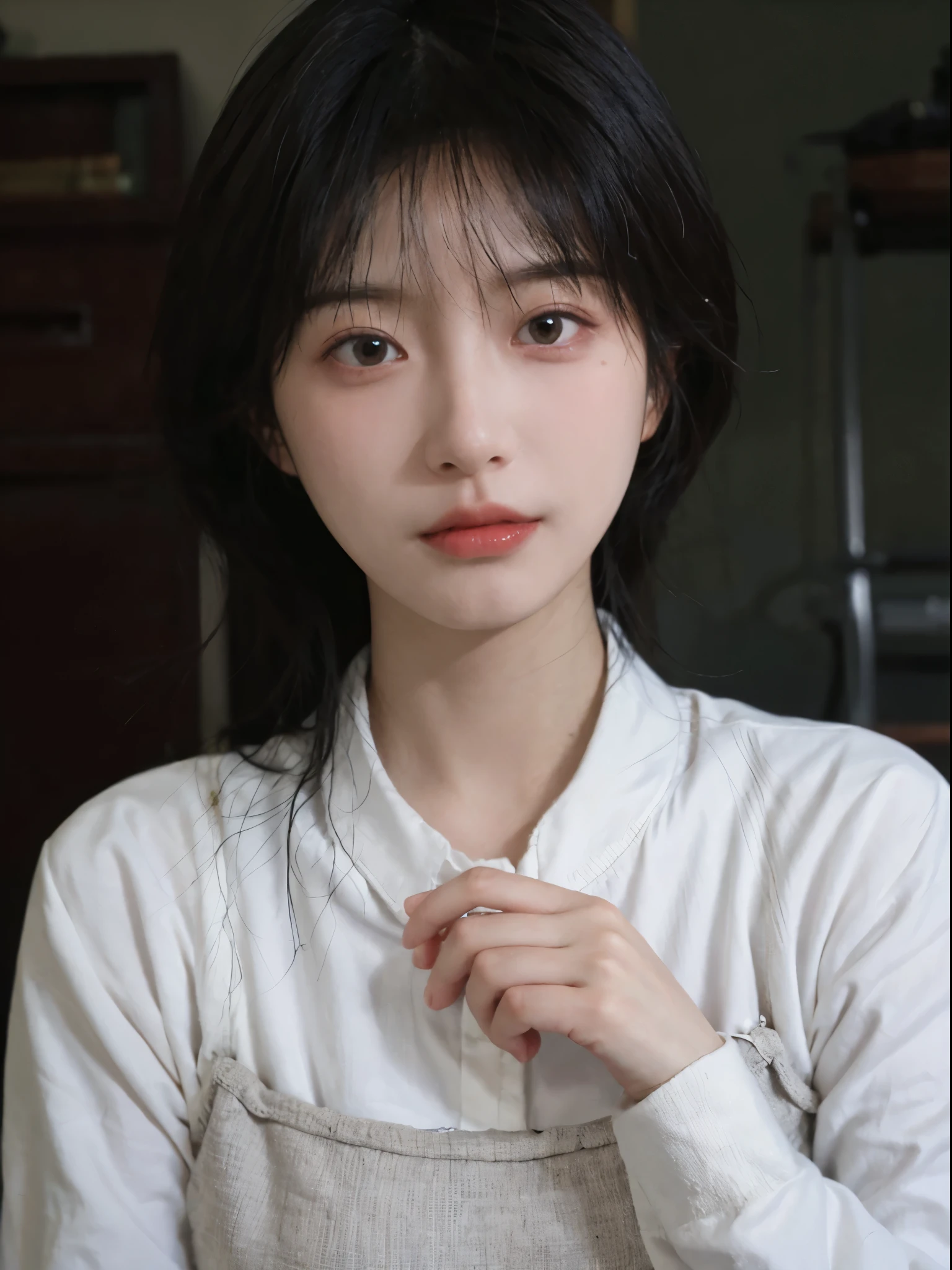 Best quality， 超高分辨率， （realistically：1.4），There is a woman wearing a sweater and a white shirt, 年轻Cute Korean face, 有着Cute and delicate face蛋, a cute young woman, she has a cute face, Cute Korean face, pale milky white porcelain skin, wearing collar on neck, Cute and delicate face, ulzzangs, thick collar, Baiji haircut hairstyle