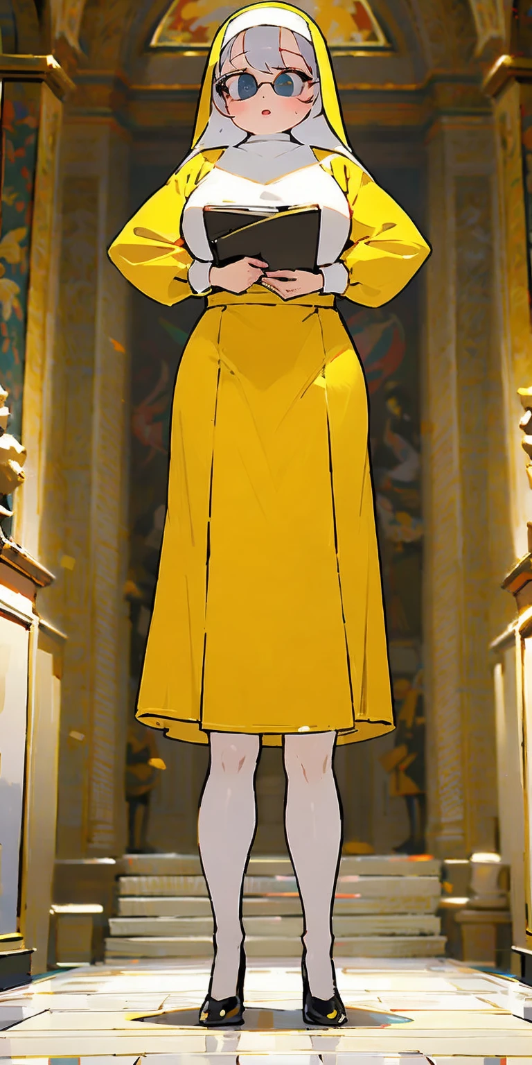 (Best quality, 4k, Masterpiece :1.3), full body standing symmetrical beautiful woman, hyper realistic, 1girl, nun outfit, yellow sunglasses, muscular turned arms behind body