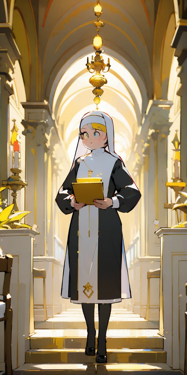 (Best quality, 4k, Masterpiece :1.3), full body standing symmetrical beautiful woman, hyper realistic, 1girl, nun outfit, yellow sunglasses, muscular turned arms behind body