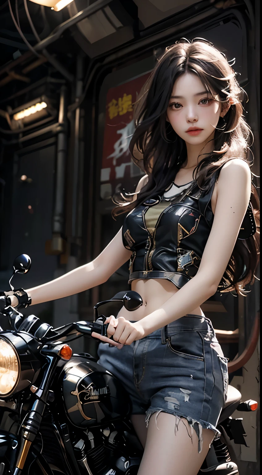 Highest image quality,Outstanding details,超高分辨率,(fidelity:1.4),The best illustration,Favor the details,Highly cohesive 1girl,He has a delicate and beautiful face,undesse,Hold the direction controller,(Ride on a motorcycle 1.3),The background is a high-tech lighting scene in the future city。