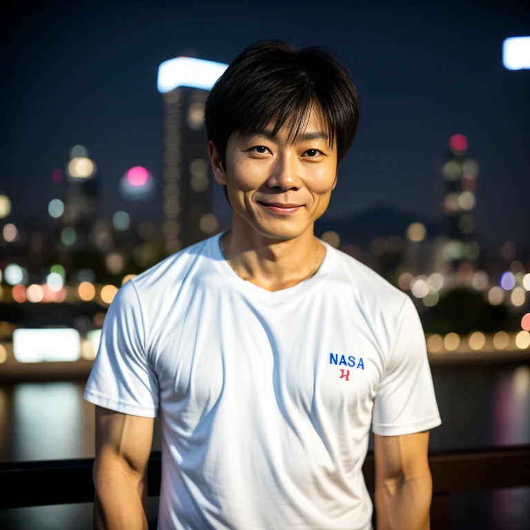 Takuma Otoo、48yo、Random hair、My name is Gojo, 172 cm、85 KM、short-haired、romanticist、regret、misunderstanding、Yokohama night view background、Raw photo, 1 Solo, Male Focus,Sincerity style,(highdetailskin:1.2), 8K UHD, Digital SLR, Soft lighting, High quality, film grains, FUJI XT3、Looks like I would like to join TEAM NACS、Bust top、Pink shirt、faint pectoral muscles、systems engineer