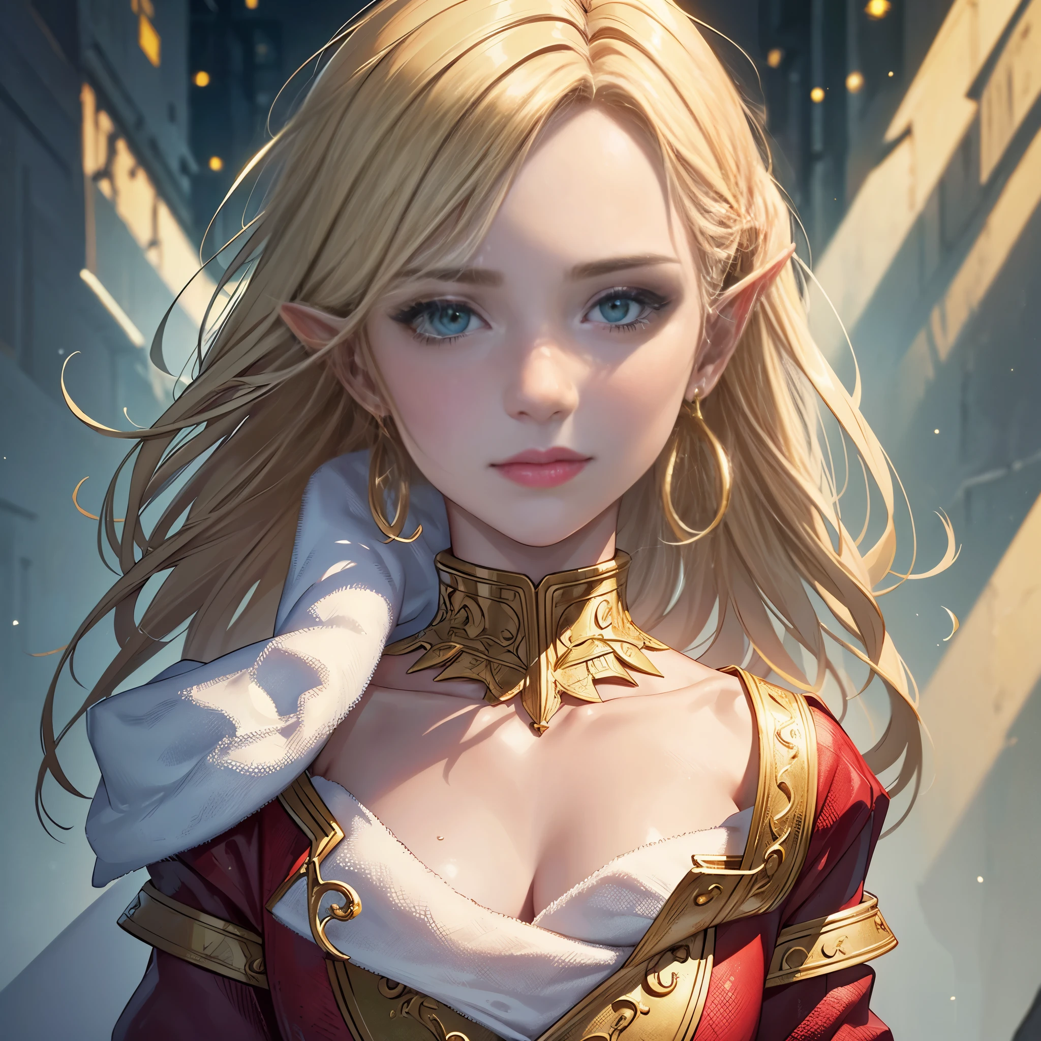 ((Quality: masterpiece, best quality, UHD, anatomically correct, photo realism, textured and detailed skin, skin pores, skin imperfections, textured and detailed hair, dramatic lighting, high contrasting light and shadows, complimentary colours, 1 solo woman)), inspired by a festive christmas at the north pole, snow, , elf helper, santa, white, red, gold, green