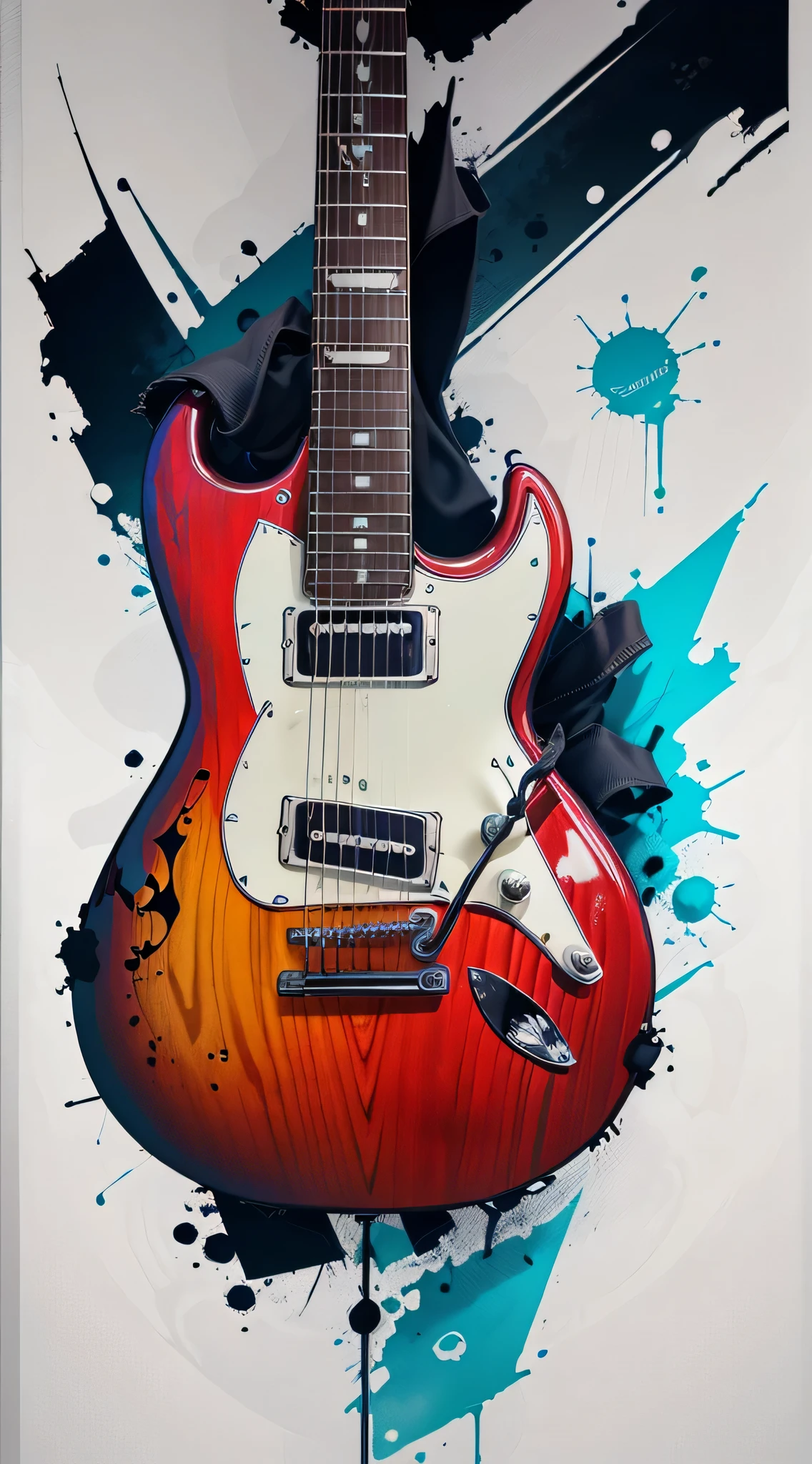 ((Best quality)), I need t-shirt design with text "capo estala". There must be a guitar in the realistic full-color painting, swollen as if&#39;About to explode., with cracks, Smokey，Fantastic background