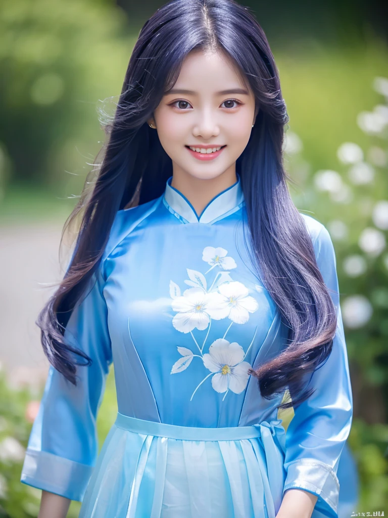 sky blue silk flower design aodai, Vietnamese girl, smile , long silky hair, Realistic lighting, delicate face, Body perfect anatomy,Top Quality, 8K Resolution , full body , realistic , real human , High quality, realistic , Cinematic, Aesthetic, beautiful girl,