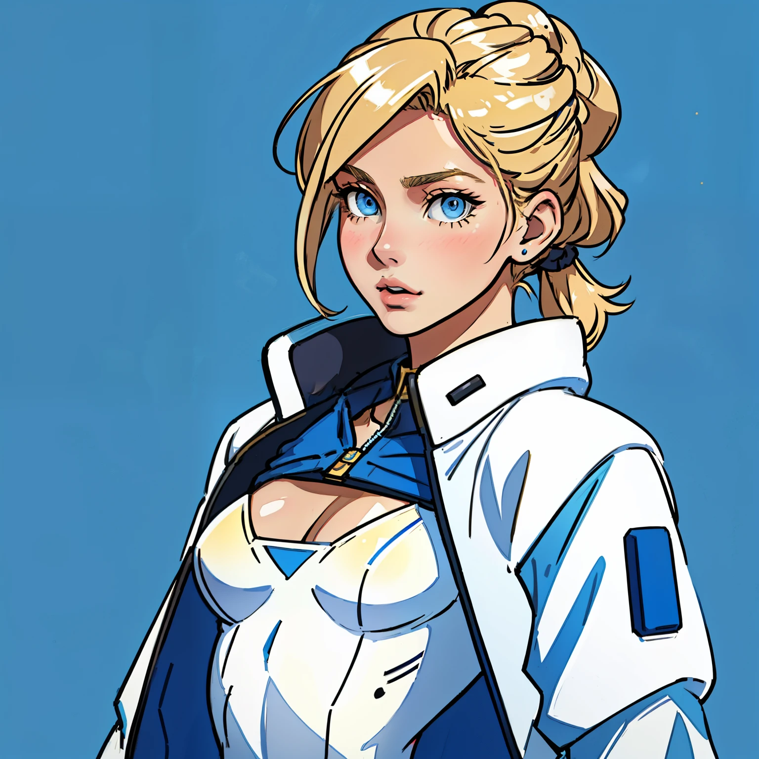 masterpiece, best quality, (blonde teenager), 18 years old, blue eyes, (short golden hair), (hair tied back), small breasts. She wears a white sci-fi suit with blue jacket, she wears cleavage on her blouse (simple background)