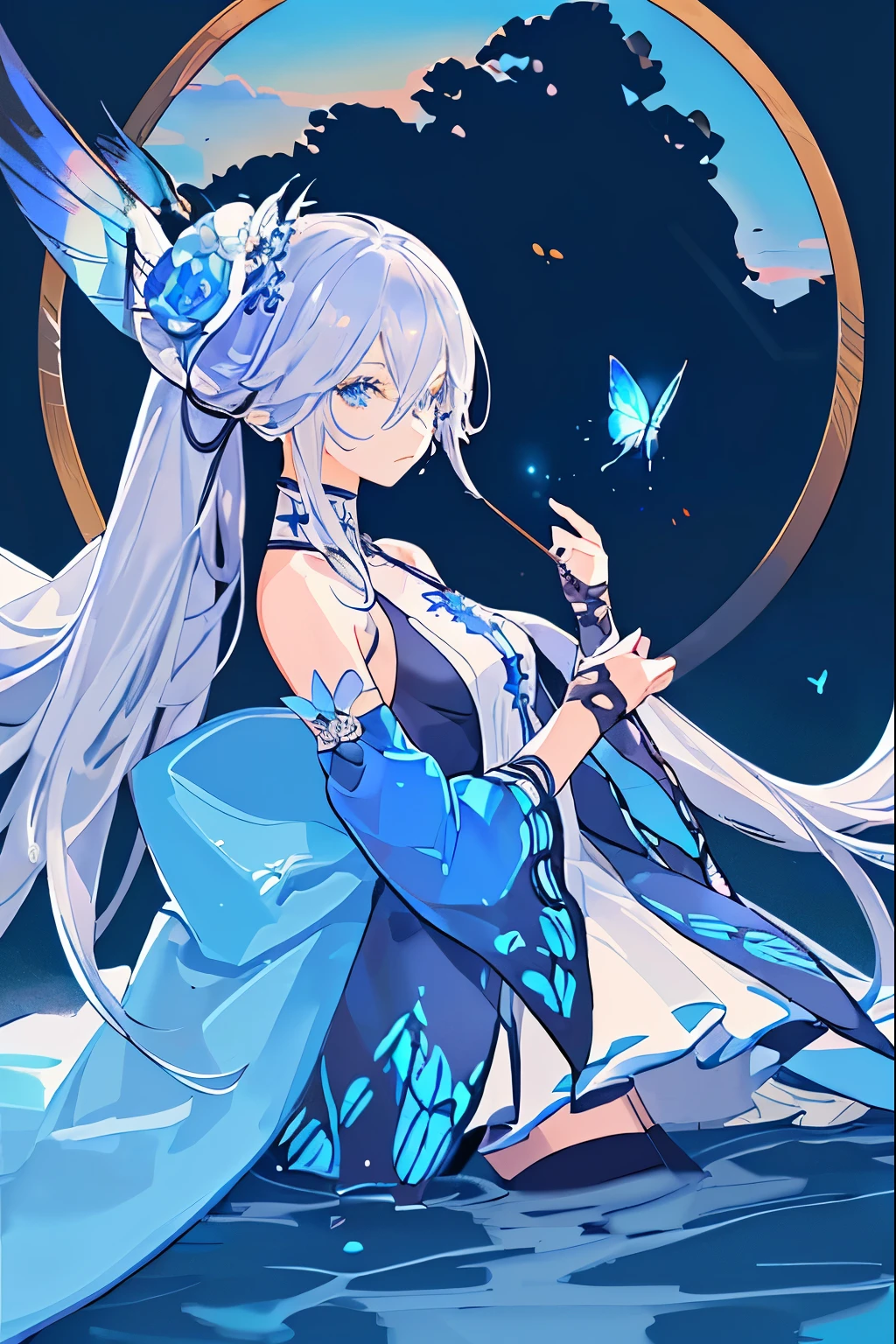 (Overhead view),dynamic angle,ultra-detailed, illustration, close-up, straight on, 1girl, (fantasy:1.4), (azure blue eyes:1.233),Her eyes shone like dreamy stars,(glowing eyes:1.233),(beautiful and detailed eyes:1.1),(Silver hair:1.14),(messy hair,very long hair,french braid,hair between eyes,sidelockule hair flower:1.14)),(chiffon dress,bule flower pattern in uniform)/=(military uniform:1.24),(detached sleeves,wide sleeveingerless gloves),choker,(miko thighhighs),High heeled bootpressionless,closed mouth),(standing), (classical Princess boudoir with dressing tableand french windowin a white ancient palaces),(white flowers,bloom),(abysmal sea),(flowing water),(a dull blue world tree:1.14),(ruins),(night:1.2),dreamy,soul,(fluorescence),(flying translucent blue butterflies:1.15), [[delicate fingers and hands:0.55]::0.85],(detail fingers),(yubao:0.5),upper body,