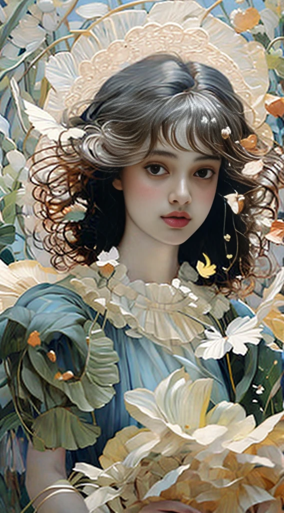 Christian Schloe_V,, 1girl, artist_name, bare_shoulders, bird, blue_butterfly, bracelet, breasts, bug, butterfly, butterfly_hair_ornament, cloud, dress, jewelry, lips, lipstick, makeup, medium_breasts, outdoors, short_hair, signature, sky, solo, strapless, strapless_dress, tree, white_butterfly, white_dress<lora:Christian Schloe Style:0.5>,