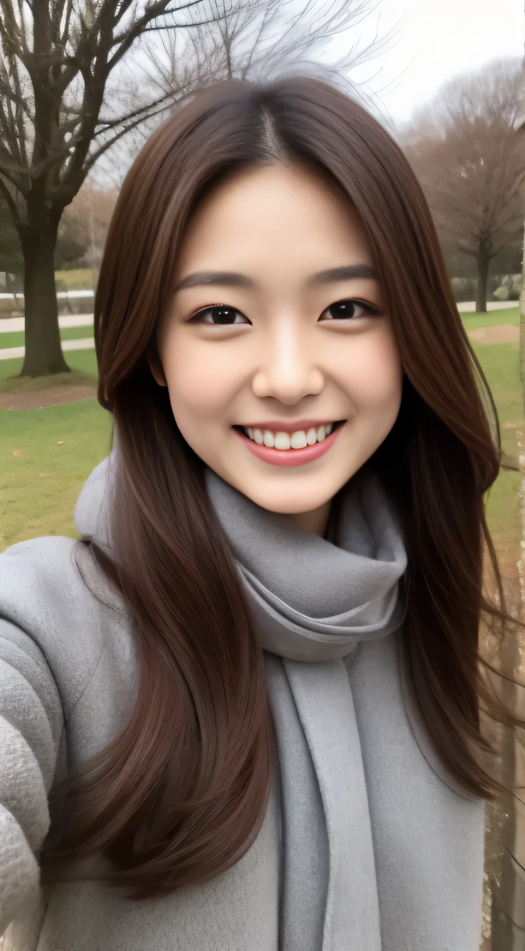 The face of the hostess、Winter Outfit、hiquality、A hyper-realistic、healthy、Smiling expression、Slender perfect figure、Japan Beauty、 perfect eyes beautiful skin、The upper part of the body、a park