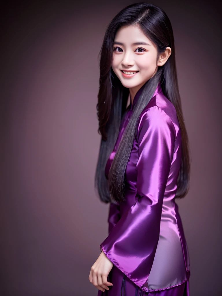 dark purple silk flower aodai, Vietnamese girl, smile , long silky hair, Realistic lighting, delicate face, Body perfect anatomy,Top Quality, 8K Resolution , full body , realistic , real human , High quality, realistic , Cinematic, Aesthetic, beautiful girl,