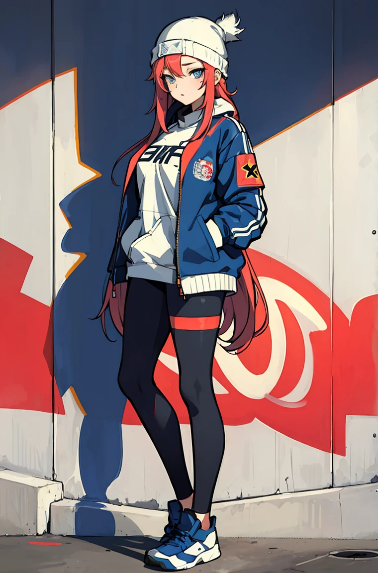 (masterpiece:1.2, best quality), (graffiti wall:1.2), 1lady, beanie, jacket, Leggings, blue eyes, fullbody, pregnsnt,