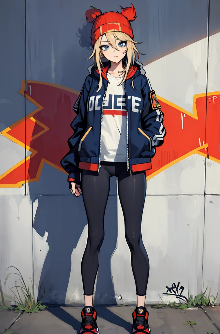(masterpiece:1.2, best quality), (graffiti wall:1.2), 1lady, beanie, jacket, Leggings, blue eyes, fullbody, pregnsnt,
