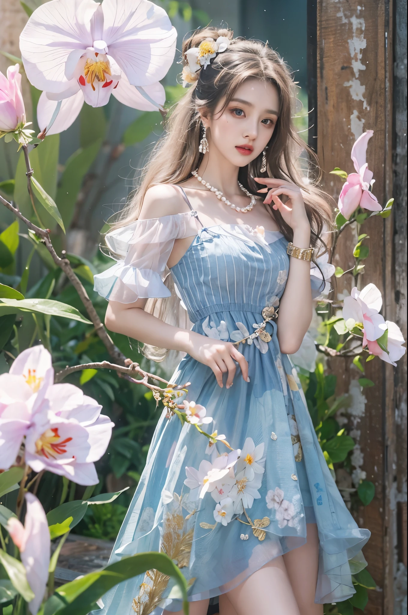 Sweet girl clothes2,pearl necklace,blue dress,flower, ((cowboy shot)), Redlip, A mature woman, cosmetics, フォトリアリスティック、real photograph、((realistically:1.5))、There are white phalaenopsis around the hair,Lilac dendrobium、white lilies、1 rapariga、Brown hair、floated hair、A plump chest, slim toned body, Charming legs, Strike elegant poses, Have extremely beautiful facial features、Hairpin on the head、perfect hand、(natta、themoon、precipice)、 vectorial art、Chinese contemporary art、gentlesoftlighting、looking-down