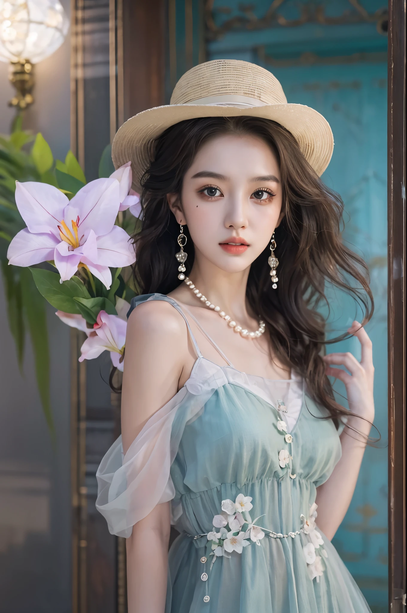 Sweet girl clothes2,pearl necklace,blue dress,flower, ((cowboy shot)), Redlip, A mature woman, cosmetics, フォトリアリスティック、real photograph、((realistically:1.5))、There are white phalaenopsis around the hair，Lilac dendrobium、white lilies、1 rapariga、Brown hair、floated hair、A plump chest, slim toned body, Charming legs, Strike elegant poses, Have extremely beautiful facial features、Hairpin on the head、perfect hand、(natta、themoon、precipice)、 vectorial art、Chinese contemporary art、gentlesoftlighting、looking-down