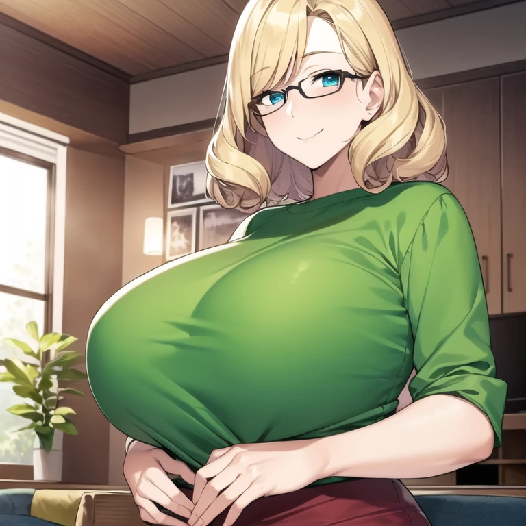 masterpiece, best quality, 1girl, solo, mature female, gigantic breasts, curly hair, very short hair, blonde hair, swept bangs, blue eyes, glasses, green shirt, denim, upper body, living room, hands on hips, looking at viewer, smile