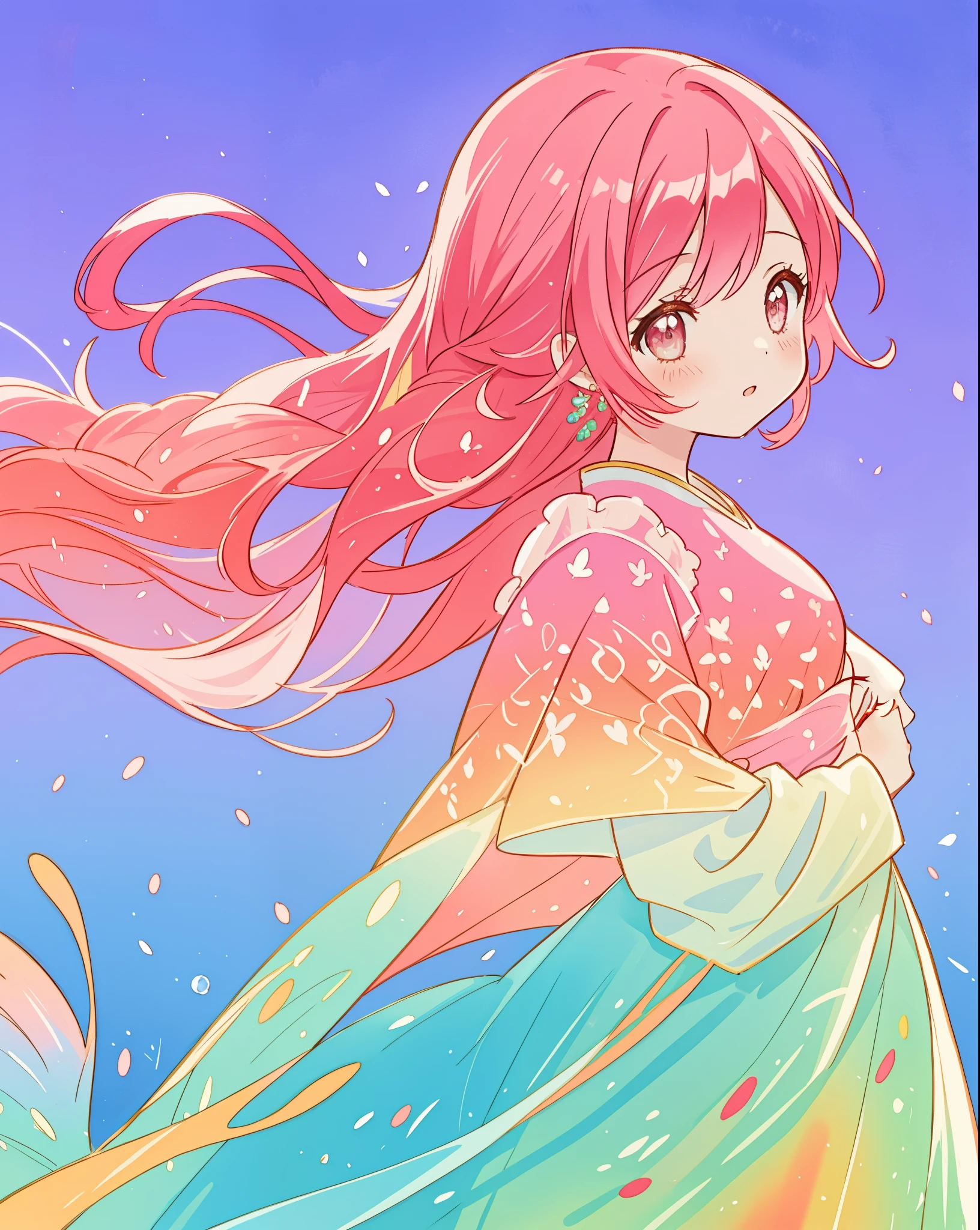 beautiful girl in colorful gradient flowing liquid dress, long flowing red pink hair, colorful fantasia background, watercolor illustration, beautiful digital illustration, beautiful, masterpiece, best quality, beautiful face