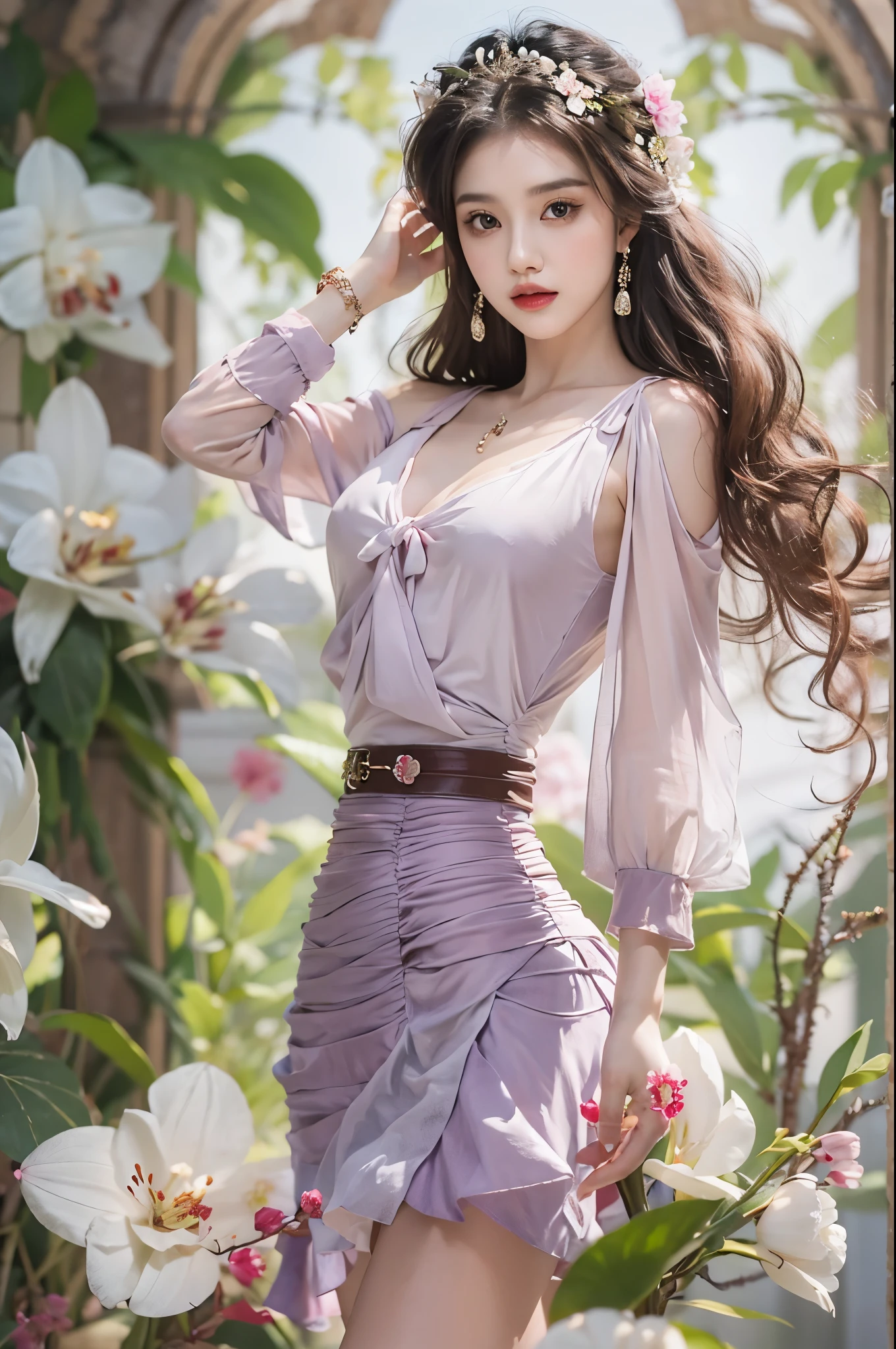 Sweet girl clothes5,high-waist skirt,jewelry,thighhighs, ((cowboy shot)), Redlip, A mature woman, cosmetics, フォトリアリスティック、real photograph、((realistically:1.5))、There are white phalaenopsis around the hair，Lilac dendrobium、white lilies、1 rapariga、Brown hair、floated hair、A plump chest, slim toned body, Charming legs, Strike elegant poses, Have extremely beautiful facial features、Hairpin on the head、perfect hand、(natta、themoon、precipice)、 vectorial art、Chinese contemporary art、gentlesoftlighting、looking-down