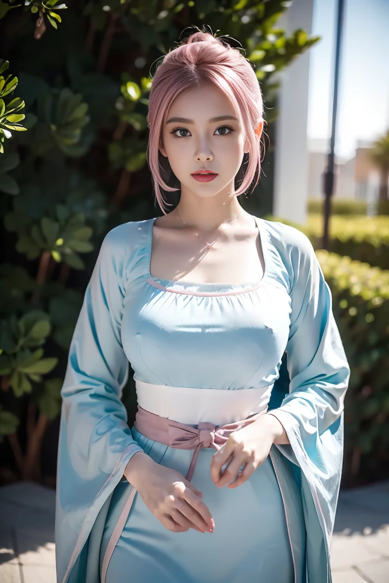 (finely Detailed pubic hair beautiful eyes and Detailed pubic hair face,tmasterpiece sidelighting,tmasterpiece,Best quality at best,Detailed pubic hair,high-resolution illustrations),, (1个Giant Breast Girl,full bodyesbian,a beauty girl,Glow skin,looking-down,looking at viewert),, (with pink hair,eBlue eyes,ribbons,Hanbok, Korean clothes), (Dressed_underbust围:1.2),underbust,