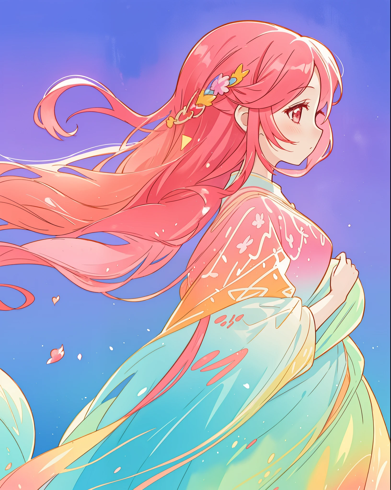 beautiful girl in colorful gradient flowing liquid dress, long flowing red pink hair, colorful fantasia background, watercolor illustration, beautiful digital illustration, beautiful, masterpiece, best quality, beautiful face