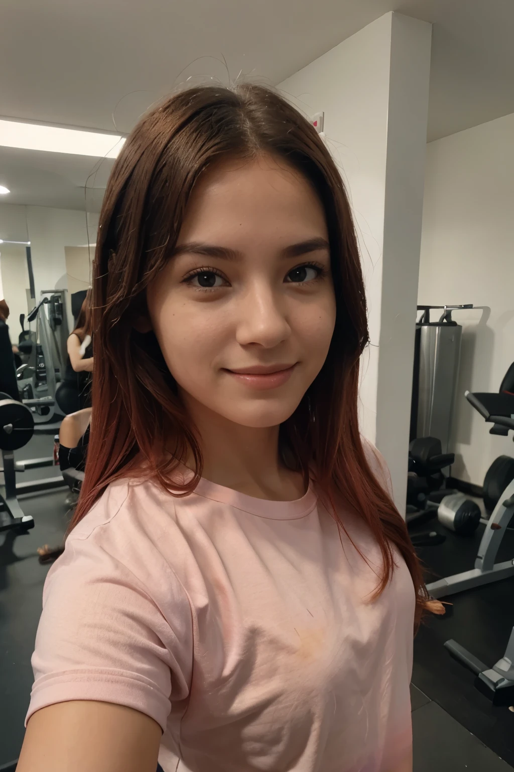 Beautiful wornan, 20 years okt, with a smile on their face, red hair, , taken with iphone camara BREAK medium shot seihe of a pretty young woman BREAK (ombre:1.3) bland e pink BREAK tim grain, medium quality in gym clothes at the gym, a Selfie.