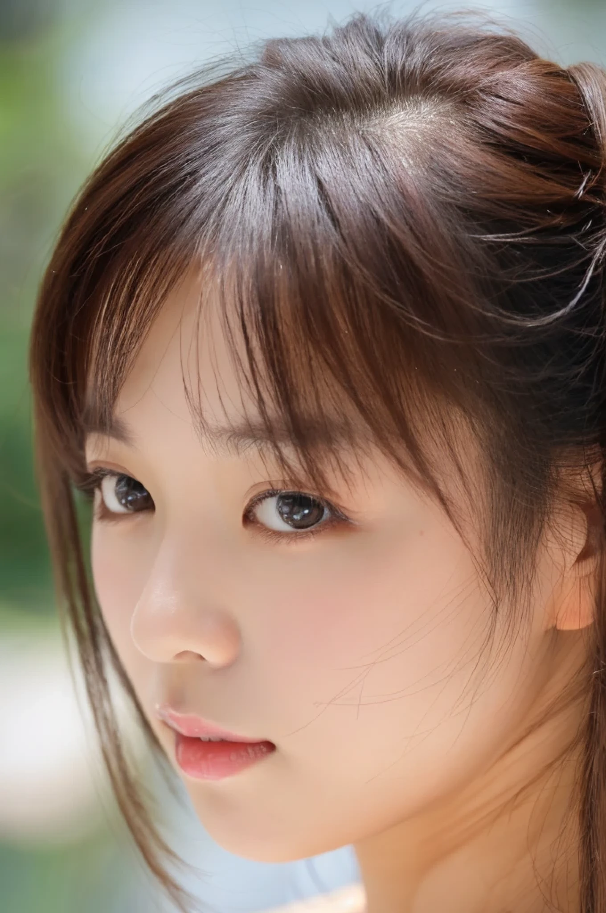 ((cute little日本の女の子、Beautiful japanese girl、1 girl in、age19、Highly detailed facial and skin texture、hyperdetailed face、ultradetailed eyes、close-up of woman、frontage、cute little、Highly detailed facial and skin texture、smooth white skin、Transparent skin texture、))、(dark brown hair)、Looking at the camera、foco nítido:1.2、Beautiful Women in Perfect Style:1.4、Japanese Models、Young gravure idols、若いcute littleグラビアアイドル、Realistic Young Gravure Idol、sophisticated gravure idol、((top-quality、in 8K、masterpiece:1.3))、(4K、Raw photography、top-quality)、Place a person on the other side of the screen、natural soft light、poneyTail