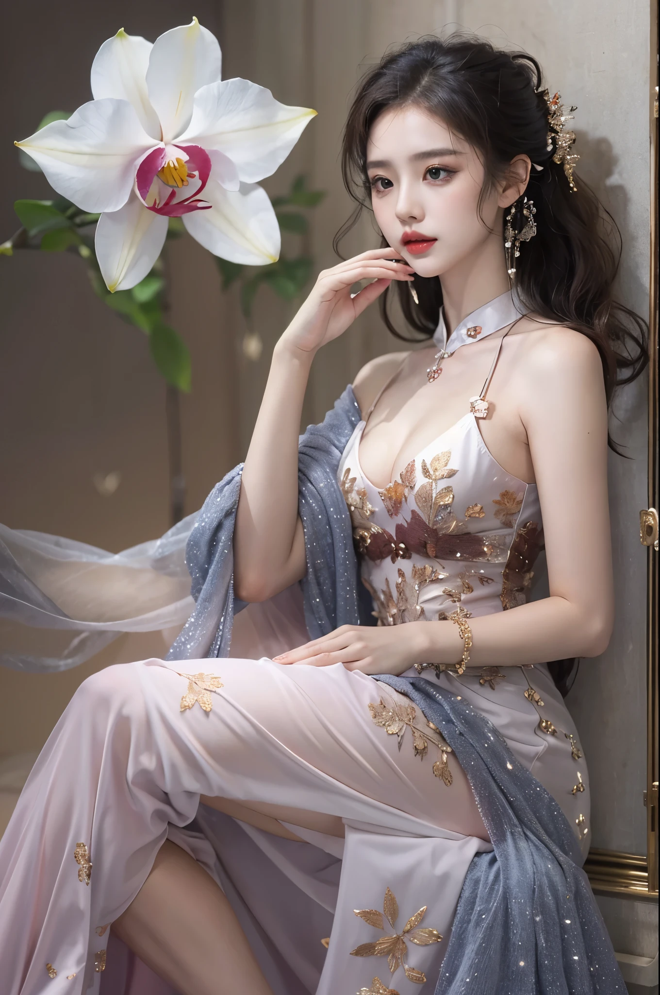 Special clothes53,dress, ((cowboy shot)), Redlip, A mature woman, cosmetics, フォトリアリスティック、real photograph、((realistically:1.5))、There are white phalaenopsis around the hair，Lilac dendrobium、white lilies、1 rapariga、Brown hair、floated hair、A plump chest, slim toned body, Charming legs, Strike elegant poses, Have extremely beautiful facial features、Hairpin on the head、perfect hand、(natta、themoon、precipice)、 vectorial art、Chinese contemporary art、gentlesoftlighting、looking-down