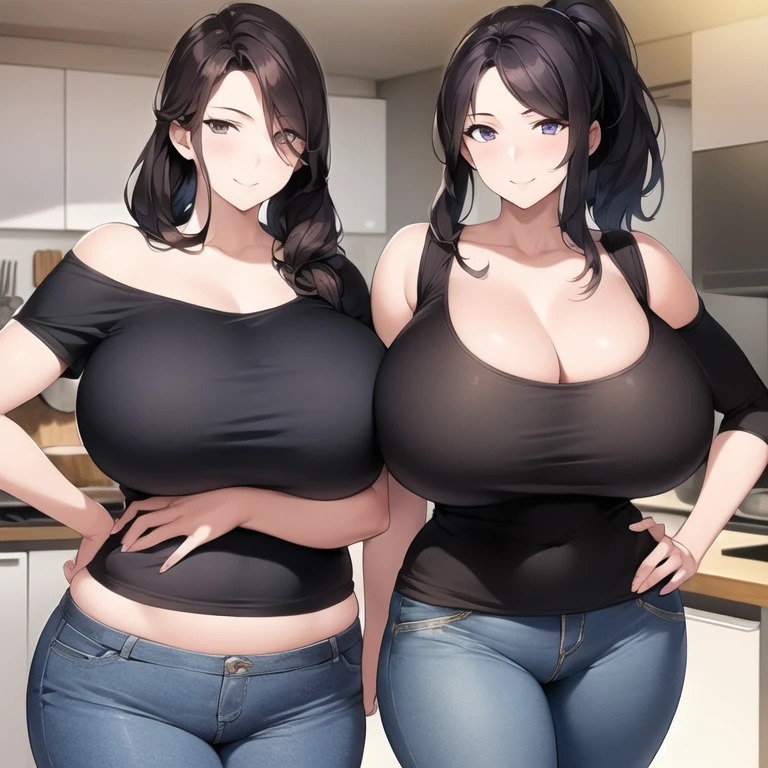masterpiece, best quality, (realistic), 1girl, solo, mature female, milf, motherly, forehead, older, 30yo, huge breasts, narrow waist, wide hips, curvy, wide hips, (straight hair, long hair, high ponytail, dark hair, dark eyes, black t-shirt, cleavage, short sleeves, jeans, denim), standing, hands on hips, looking at viewer, smile, kitchen