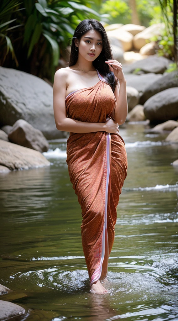 A Beautiful Girl, 1man, 18-20 years old, gorgeous face, (long-haired), ((Thai sarong, thin)), ((bathe)), ((enormous breasts, Beautiful breast, huge breast)), (ผอมthin, slim, flat stomach), (elongated legs, beautiful legs), Wet body, waterfall, stream, river bank, natural