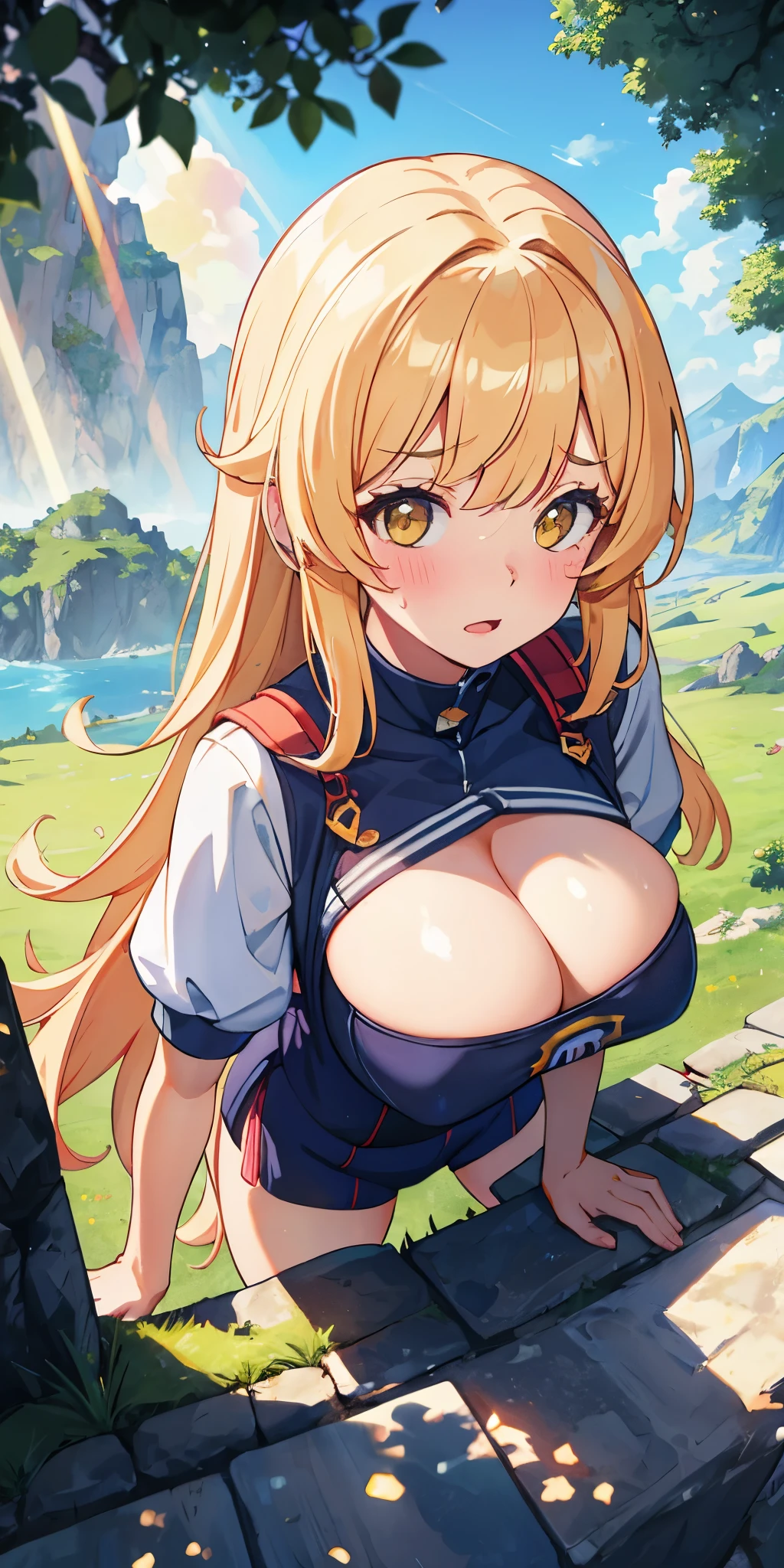 actual, En plein air, 1 wall, wide angles,1个Giant Breast Girl, long whitr hair, the shy, Embarrassing, face flushed, wide angles, Perspectives, from the above, Permanent, llight rays, Glow, (tmasterpiece), the wallpaper