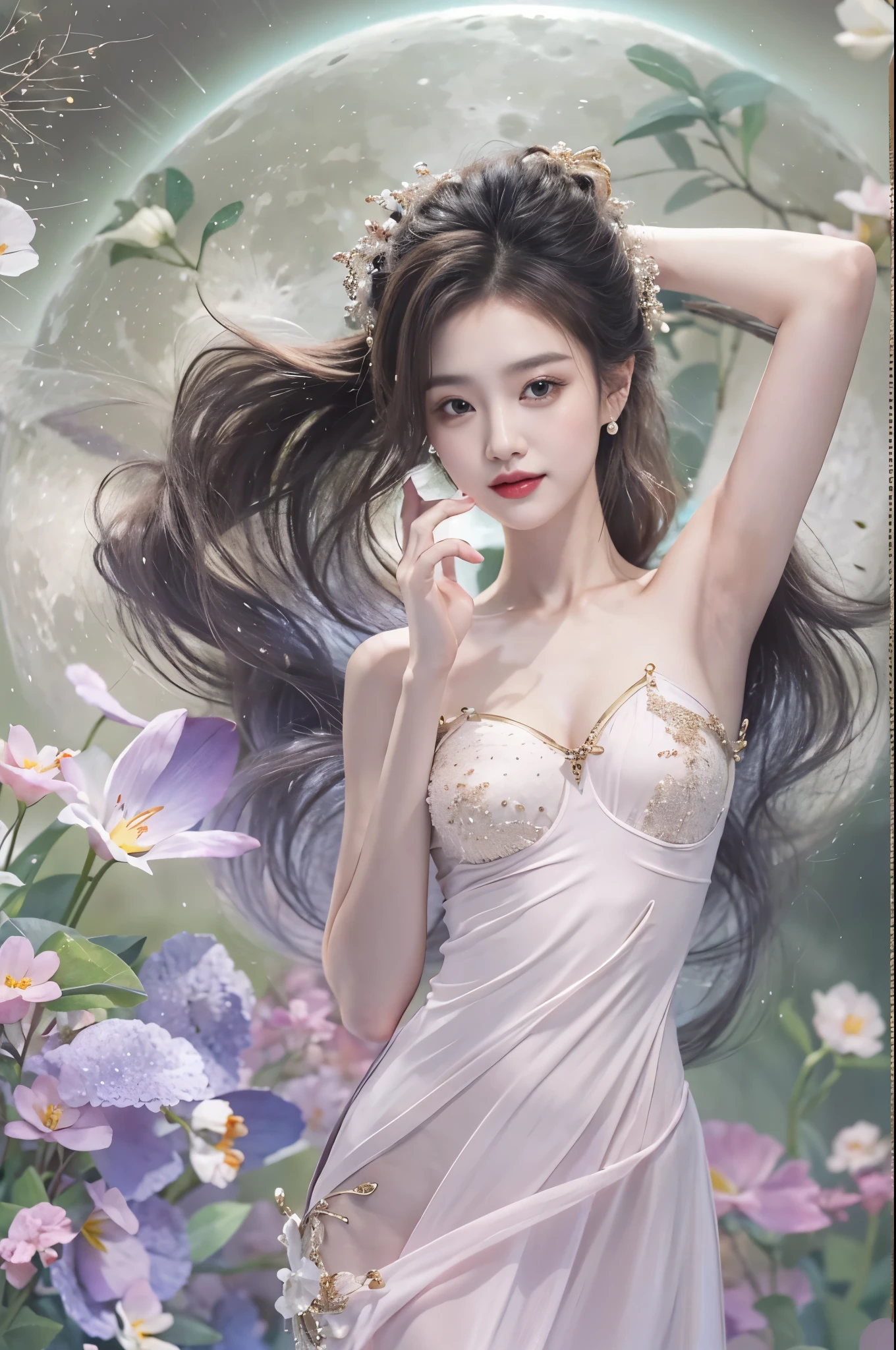 dress, ((cowboy shot)), Redlip, A mature woman, cosmetics, フォトリアリスティック、real photograph、((realistically:1.5))、There are white phalaenopsis around the hair,Lilac dendrobium、white lilies、1 rapariga、Brown hair、floated hair、A plump chest, slim toned body, Charming legs, Hefty Smile, Strike elegant poses, Have extremely beautiful facial features、Hairpin on the head、perfect hand、(natta、themoon、precipice)、 vectorial art、Chinese contemporary art、gentlesoftlighting、looking-down