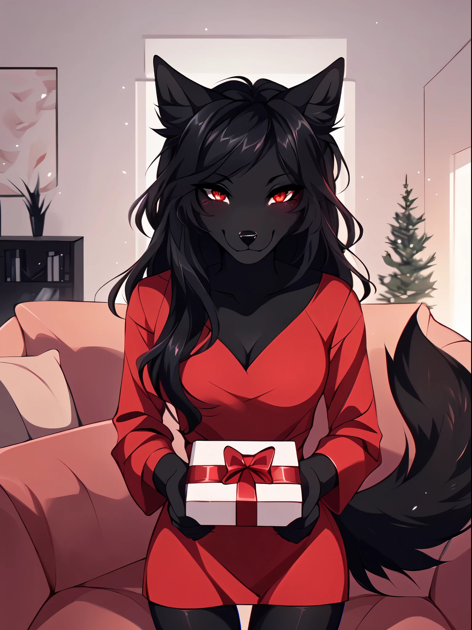 solo, female, Natasha, black wolf girl, red detailed eyes, wearing red dress, smiling, squinting, in a cozy living room, holding a gift box, facing viewer, pov, standing, by fumiko, simple background
