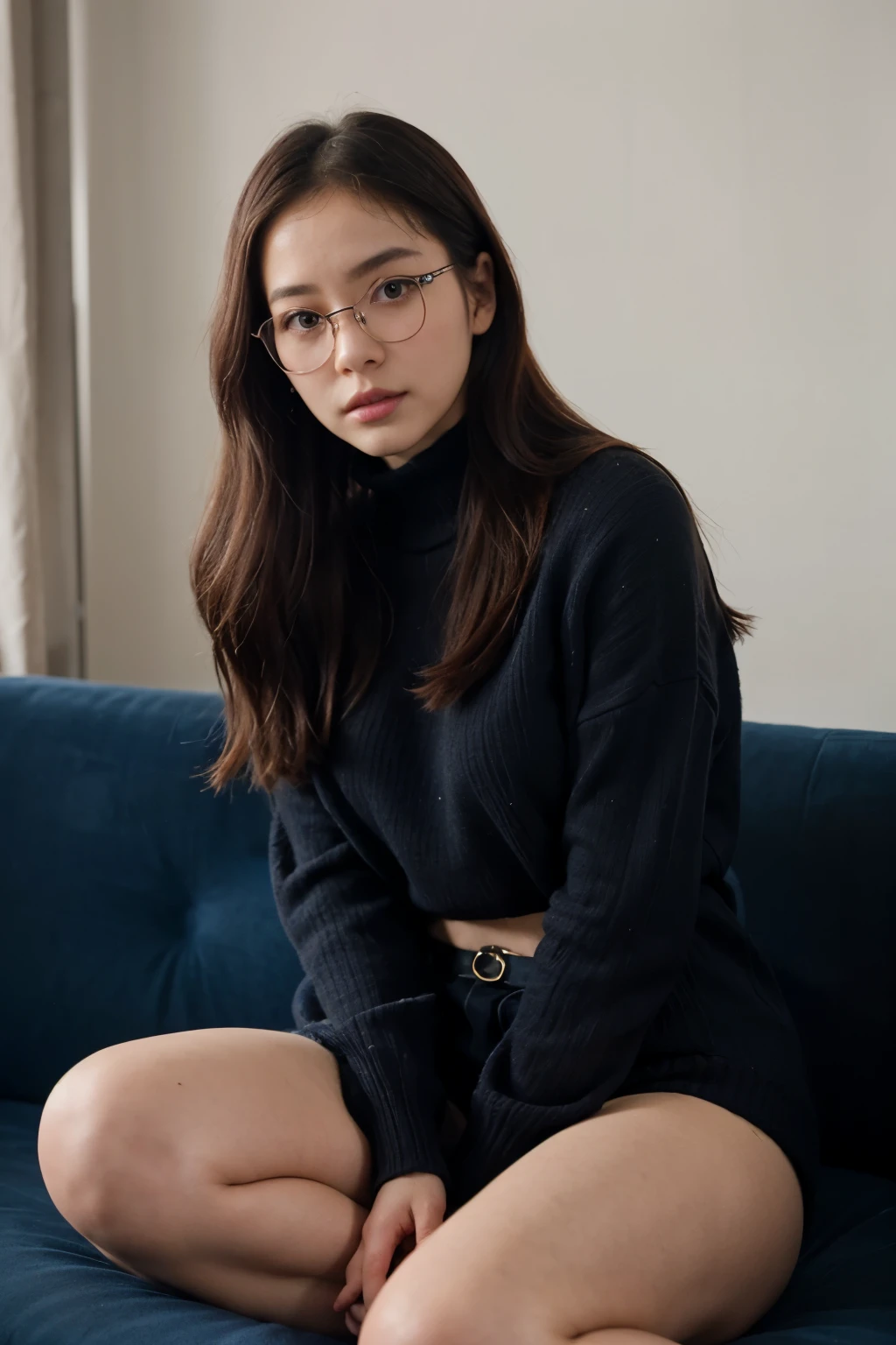 Coreana com a aparencia da Jisoo do BLACKPINK, cabelos loiros e vermelhos na ponta do cabelo, sitting on navy blue sofa, com um coque despojado e duas mechinhas na frente, thin glasses, wide black sweater, com uma lareira americana chique na frente