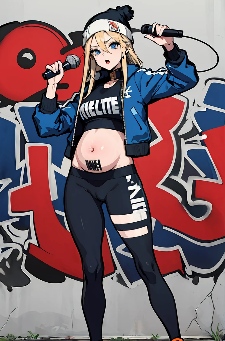 (masterpiece:1.2, best quality), (graffiti wall:1.2), 1lady, beanie, jacket, Leggings, blue eyes, fullbody, pregnant, pregnant rapper, holding microphone, holding microphone up to stomach