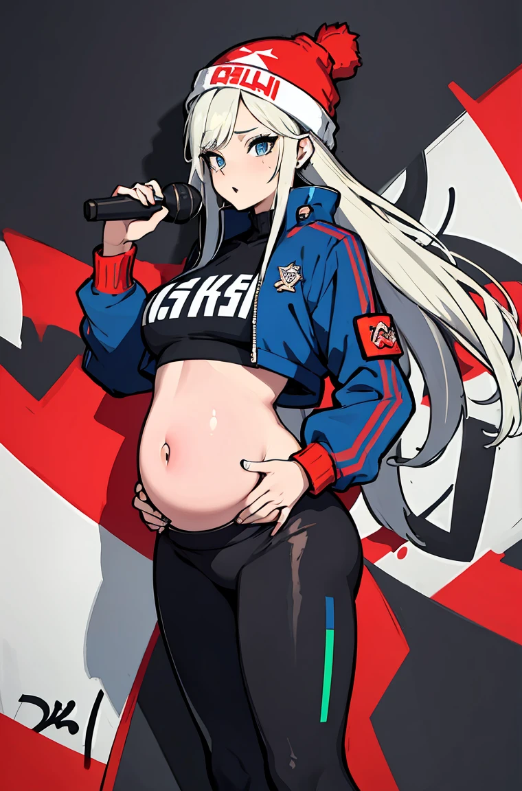 (4k, masterpiece:1.2, best quality), (graffiti wall:1.15), 1lady, beanie, jacket, Leggings, blue eyes, fullbody, pregnant in underbelly, outie belly button, pussy peek, lowleg leggings, hips out, diamond shaped danger symbol tattoo on belly, obvious cleft of venus