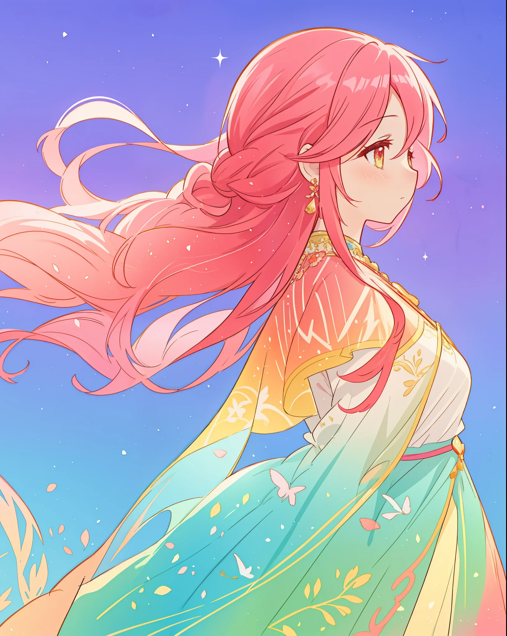 beautiful girl in colorful gradient flowing fantasy ballgown, long flowing red pink hair, colorful fantasia background, watercolor illustration, beautiful digital illustration, beautiful, masterpiece, best quality, beautiful face