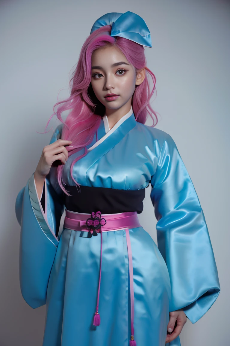 (finely Detailed pubic hair beautiful eyes and Detailed pubic hair face,tmasterpiece sidelighting,tmasterpiece,Best quality at best,Detailed pubic hair,high-resolution illustrations),, (1个Giant Breast Girl,full bodyesbian,a beauty girl,Glow skin,looking-down,looking at viewert),, (with pink hair,eBlue eyes,ribbons,Hanbok, Korean clothes), (Dressed_underbust围:1.2),underbust,