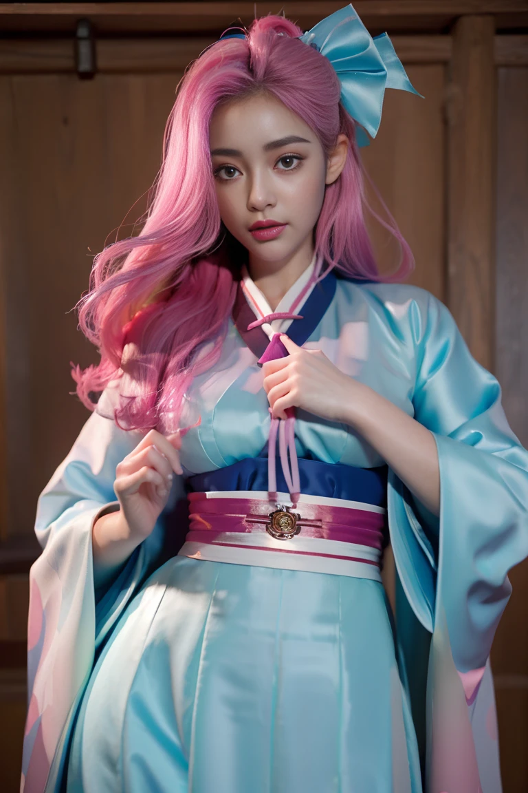 (finely Detailed pubic hair beautiful eyes and Detailed pubic hair face,tmasterpiece sidelighting,tmasterpiece,Best quality at best,Detailed pubic hair,high-resolution illustrations),, (1个Giant Breast Girl,full bodyesbian,a beauty girl,Glow skin,looking-down,looking at viewert),, (with pink hair,eBlue eyes,ribbons,Hanbok, Korean clothes), (Dressed_underbust围:1.2),underbust,
