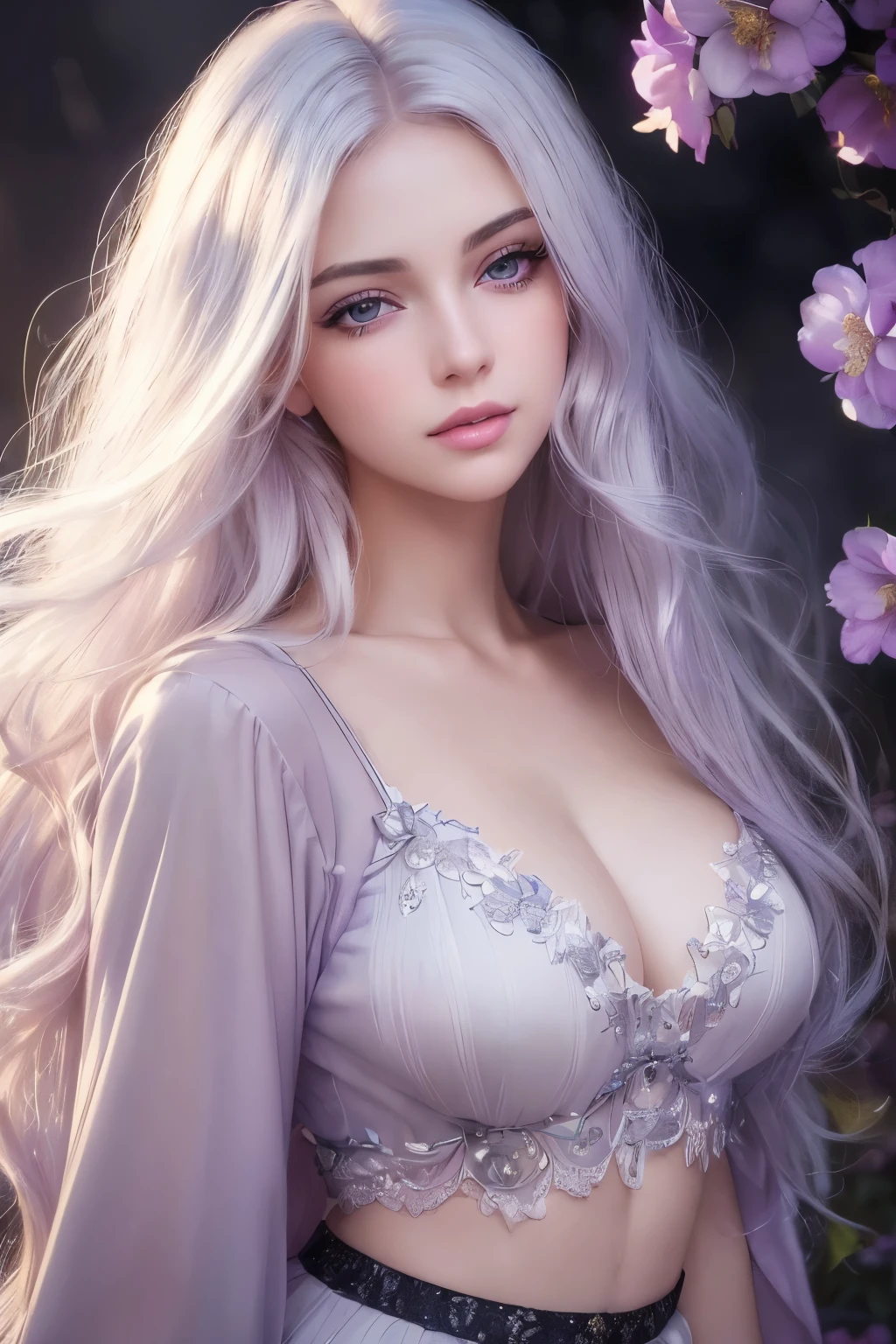 (best quality,4k,8k,highres,masterpiece:1.2),ultra-detailed,(realistic,photorealistic,photo-realistic:1.37),oil painting,beautiful detailed eyes,beautiful detailed lips,long eyelashes,purple eyes,girl with long white hair,blushing,wearing a cropped top and a skirt,night scene,moonlight,flowers,shining eyes,sunlight