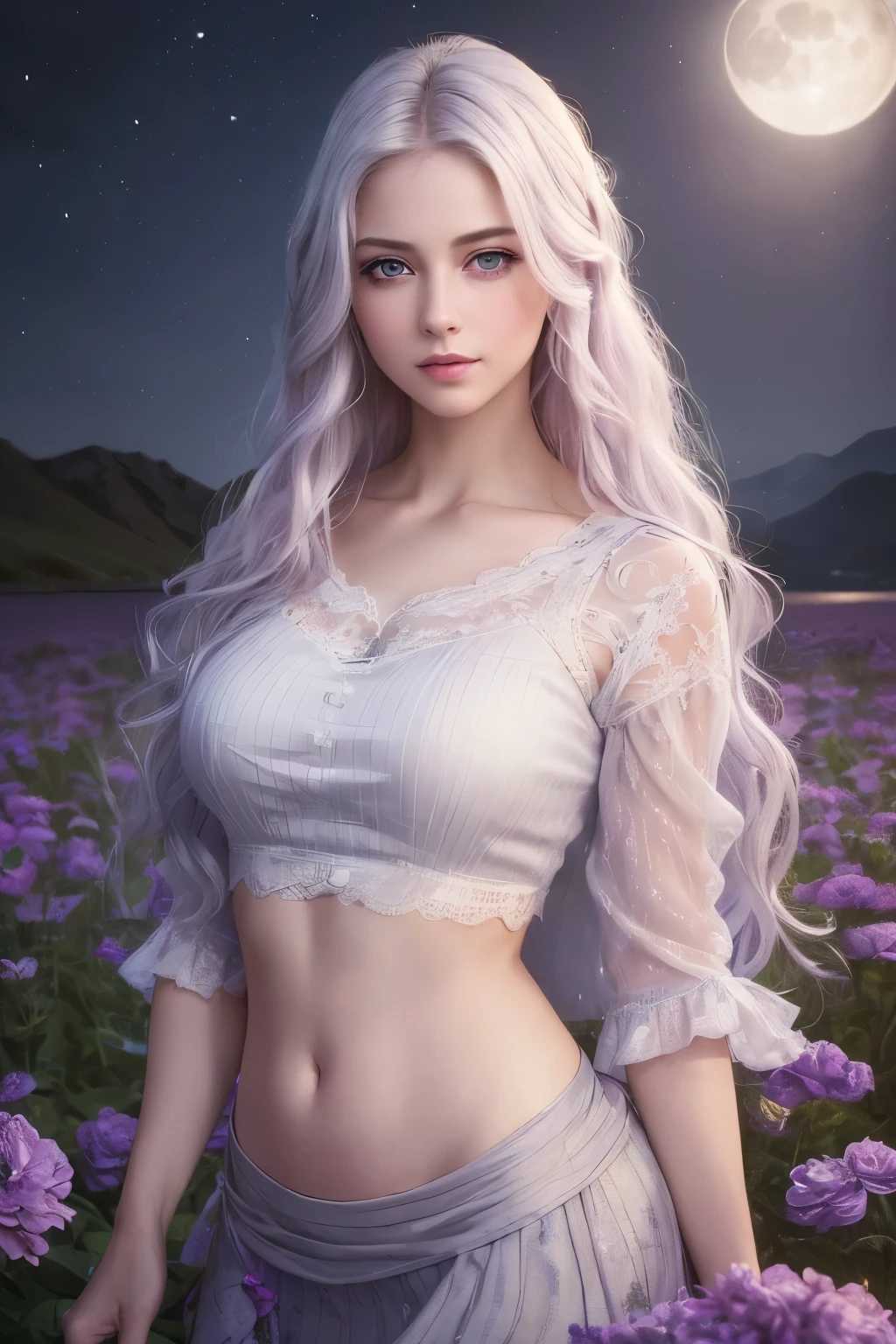 (best quality,4k,8k,highres,masterpiece:1.2),ultra-detailed,(realistic,photorealistic,photo-realistic:1.37),oil painting,beautiful detailed eyes,beautiful detailed lips,long eyelashes,purple eyes,girl with long white hair,blushing,wearing a cropped top and a skirt,night scene,moonlight,flowers,shining eyes,sunlight