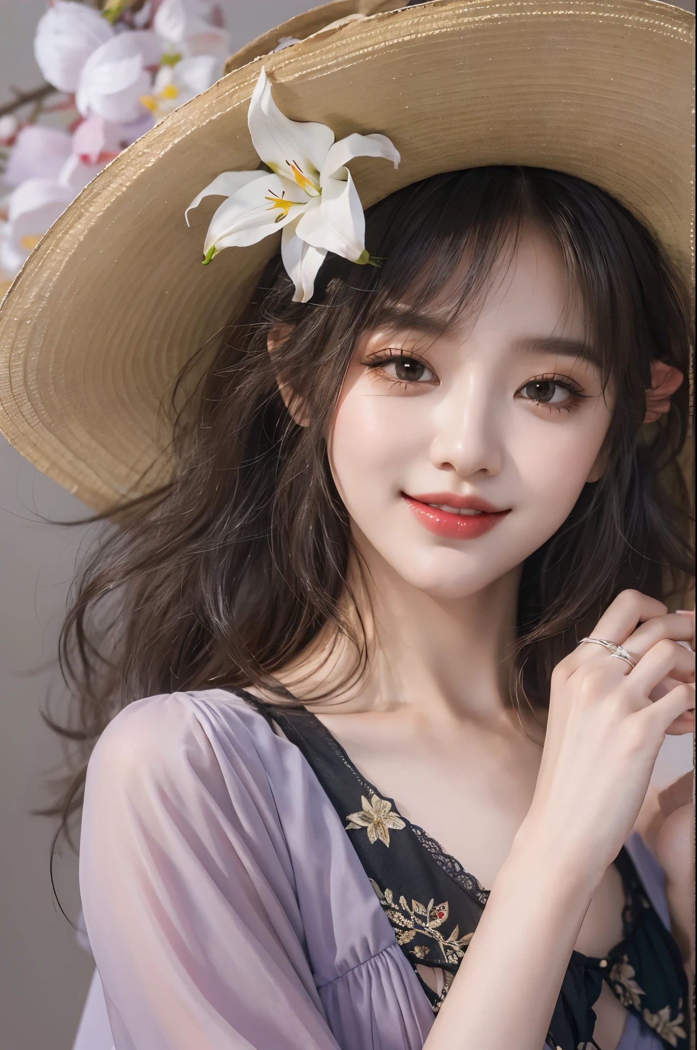 short,camisole, ((cowboy shot)), Redlip, A mature woman, cosmetics, フォトリアリスティック、real photograph、((realistically:1.5))、There are white phalaenopsis around the hair,Lilac dendrobium、white lilies、1 rapariga、Brown hair、floated hair、A plump chest, slim toned body, Charming legs, Hefty Smile, Strike elegant poses, Have extremely beautiful facial features、Hairpin on the head、perfect hand、(natta、themoon、precipice)、 vectorial art、Chinese contemporary art、gentlesoftlighting、looking-down