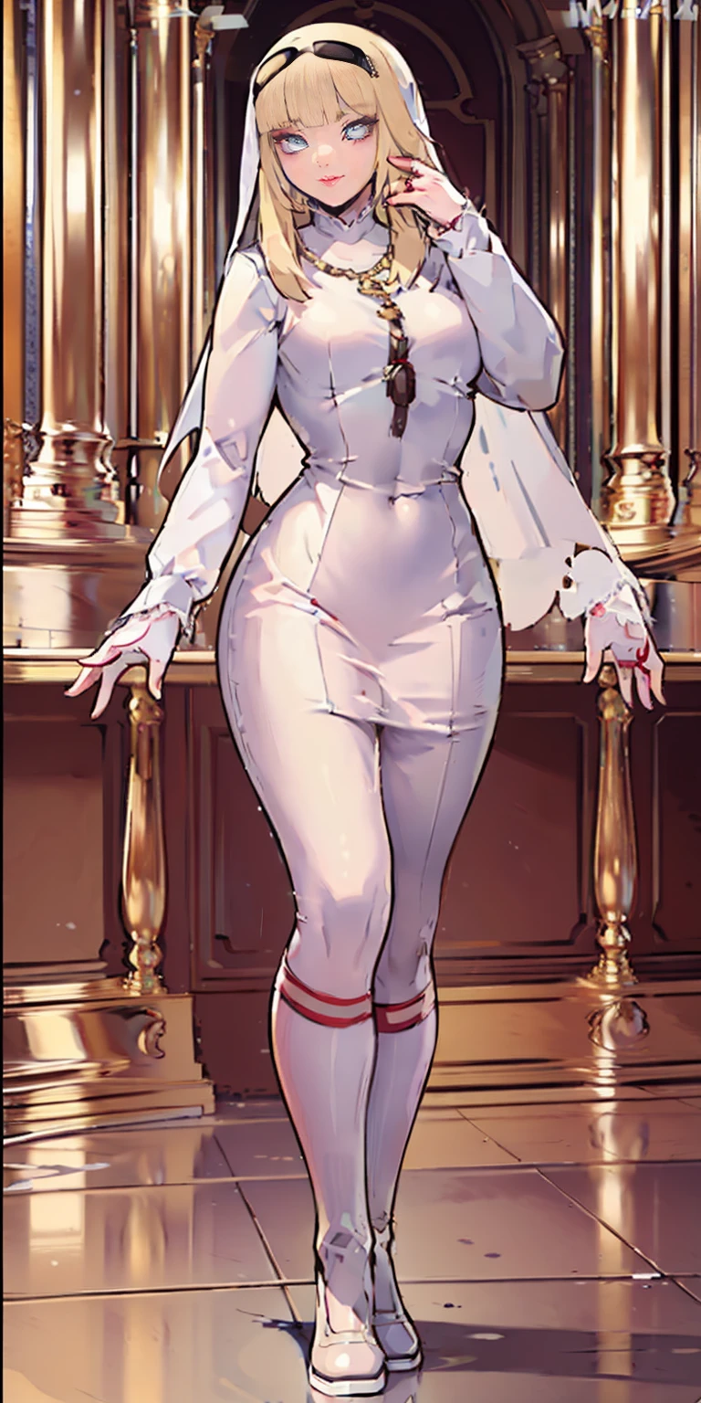 (Best quality, 4k, Masterpiece :1.3), full body standing symmetrical beautiful woman, hyper realistic, 1girl, nun outfit, yellow sunglasses, muscular turned arms behind body