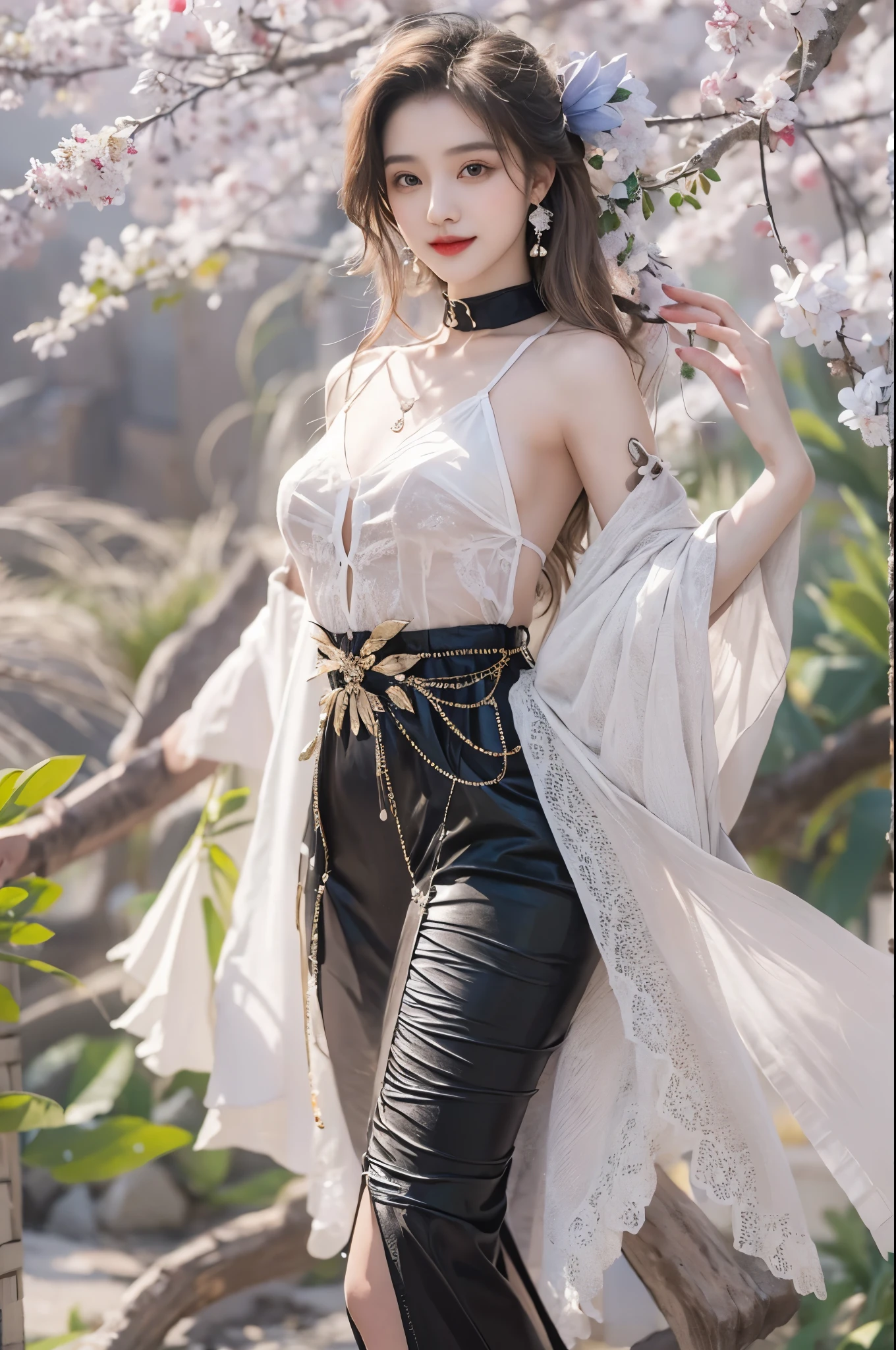short,camisole, ((cowboy shot)), Redlip, A mature woman, cosmetics, フォトリアリスティック、real photograph、((realistically:1.5))、There are white phalaenopsis around the hair,Lilac dendrobium、white lilies、1 rapariga、Brown hair、floated hair、A plump chest, slim toned body, Charming legs, Hefty Smile, Strike elegant poses, Have extremely beautiful facial features、Hairpin on the head、perfect hand、(natta、themoon、precipice)、 vectorial art、Chinese contemporary art、gentlesoftlighting、looking-down