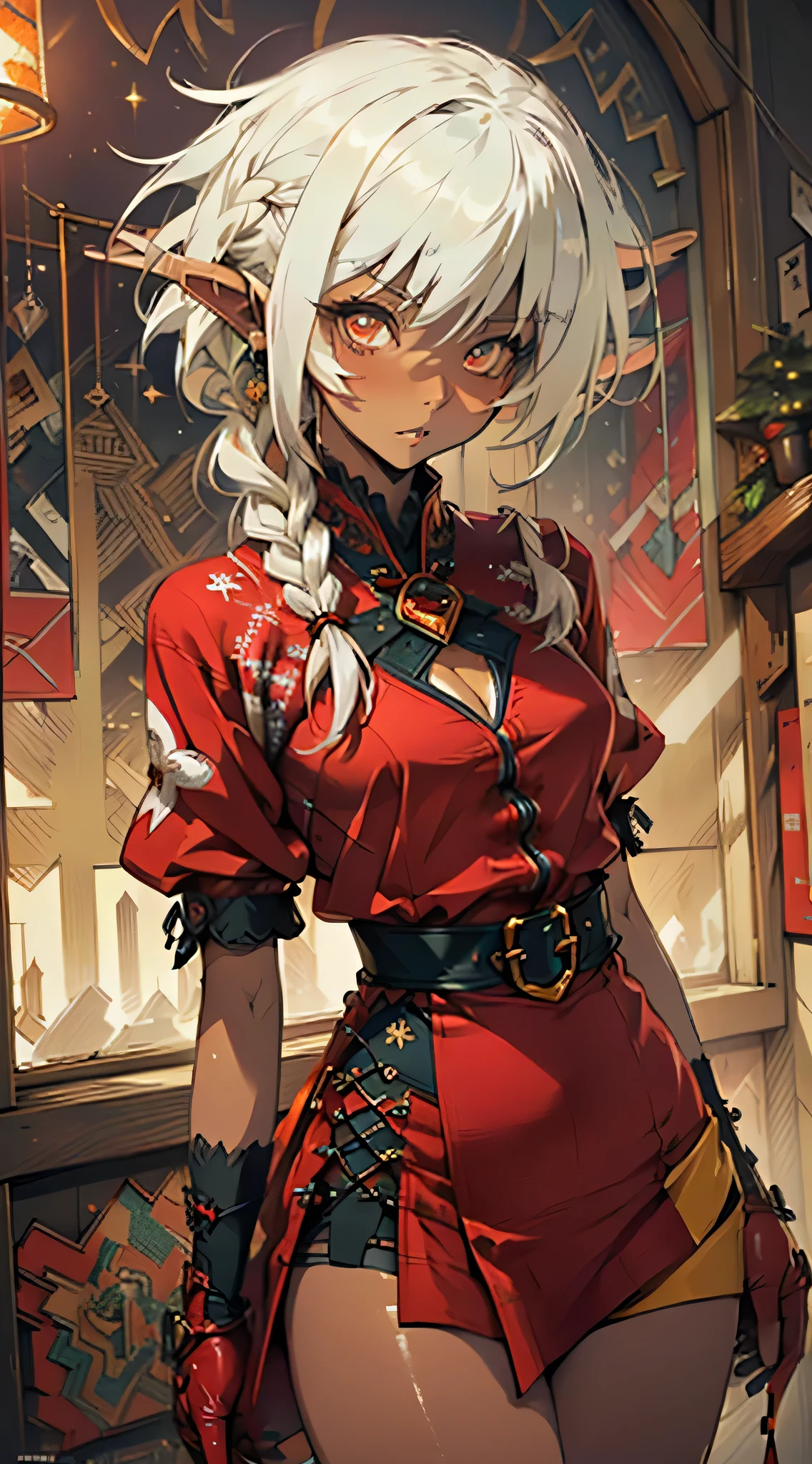 Nisei Muramasa, cute elf loli,girl, 1girl,(((little loli,tiny little body,small))),(((6 ))),((anime elf loli with extremely cute and beautiful white hair)),(((elf, elf earlat chest))),((((white hair:1.35,hair with a braid,colored inner hair,ear breathing)))),(((red_eyes:1.3))),intricate eyes,beautiful detailed eyes,symmetrical eyes,big eyes:1.5,(((lustrous skin:1.5,bright skin: 1.5,skin tanned,shiny skin,very shiny skin,shiny body,plastic glitter skin,exaggerated shiny skin,illuminated skin))),(delicate detailed fingers,detailed body,detailed arms,human hands,(detailed face)), cute,slutty,erotic,daring,nsfw, zettai ryouiki,revealing clothing,show skin,(((Sexy red fur coat, red fur coat outfit, wearing a red fur coat:1.3,red winter coat))), ((red mini-skirt,red mini skirt with furry edge,visible thong straps)),((underpants strap)),(white gloves,red clothes,semi-naked,with little red clothing,((((furry edge clothing)))),(((intricate outfit,intricate clothes,embroidered outfit,ornate outfit,embroidered clothes,ornate clothes))), (dynamic pose:1.0),embarrassed,(centered,scale to fit dimensions,Rule of thirds), inside,indoor,((cozy gothic room)),scenery:1.25,((intricate scenery)),((winter decorations)),Christmas tree, (Glossy winter ornaments),highres,sharp focus,(ultra detailed,extremely detailed),(photorealistic artwork:1.37),(extremely detailed CG unity 8k wallpaper),(((vibrant colors,vibrant theme))),(intricate),(masterpiece),(best quality),