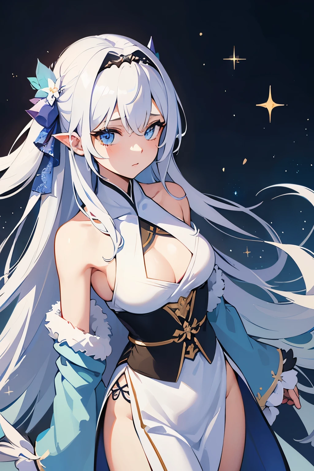 (Masterpiece), (Best Quality), (Super Detailed), (Dirty Hair), (Illustration), (1 Girl) (Long white Hair 1.5) (Blue Eyes), ((((No Shoulders))),Hanfu, (Looking at the Audience, (Interview), ( Background), Beautiful and Delicate Eyes, Delicate Beautiful Face, Soaring (High Saturation), (Colorful Glitter), Multi-colored Bubbles, (Glitter), Accent on Face, PerfectNwsjMajic, conservative clothes, Shoulderless, winter clothes, facing the masses, perfect figure,