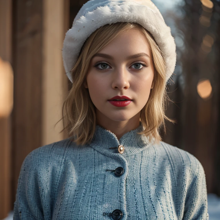 Fit blonde, perfect body, short hair, blond hair, wavy hair, cherry red lipstick, 64k, makeup, full body, top-quality, high-quality, Extreme Detail Photography, Eye for extreme detail, masterpiece, extreme face details, 16k, 8k, 4K, HD, UHD, a beautiful woman, posing for a picture, lacey dress, tight coat, russian winter hat,winter,red lips, depth of field, bokeh,blonde Blue Eyes Aibeka, full body view, red cheeks