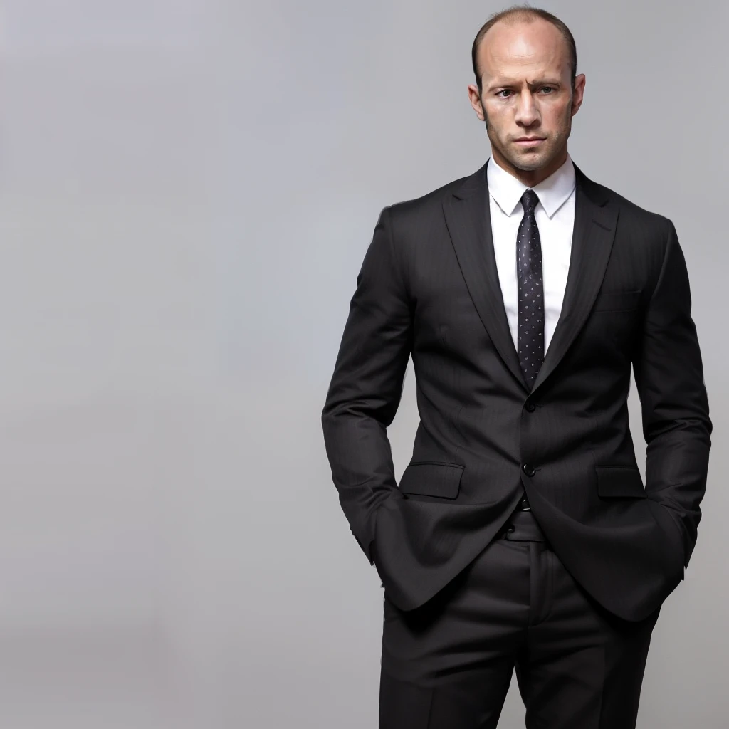 arafed man In a suit and tie standing with his hands in his pockets, Jason Statham, Jason Statham as batman, Jason Statham skiing, wearing black suit, 因果関係のあるwearing black suitいる, Wearing a black suit, In a black suit, In a suit, in a business suit, a stylish suit, dressed In a suit, Wearing a suit