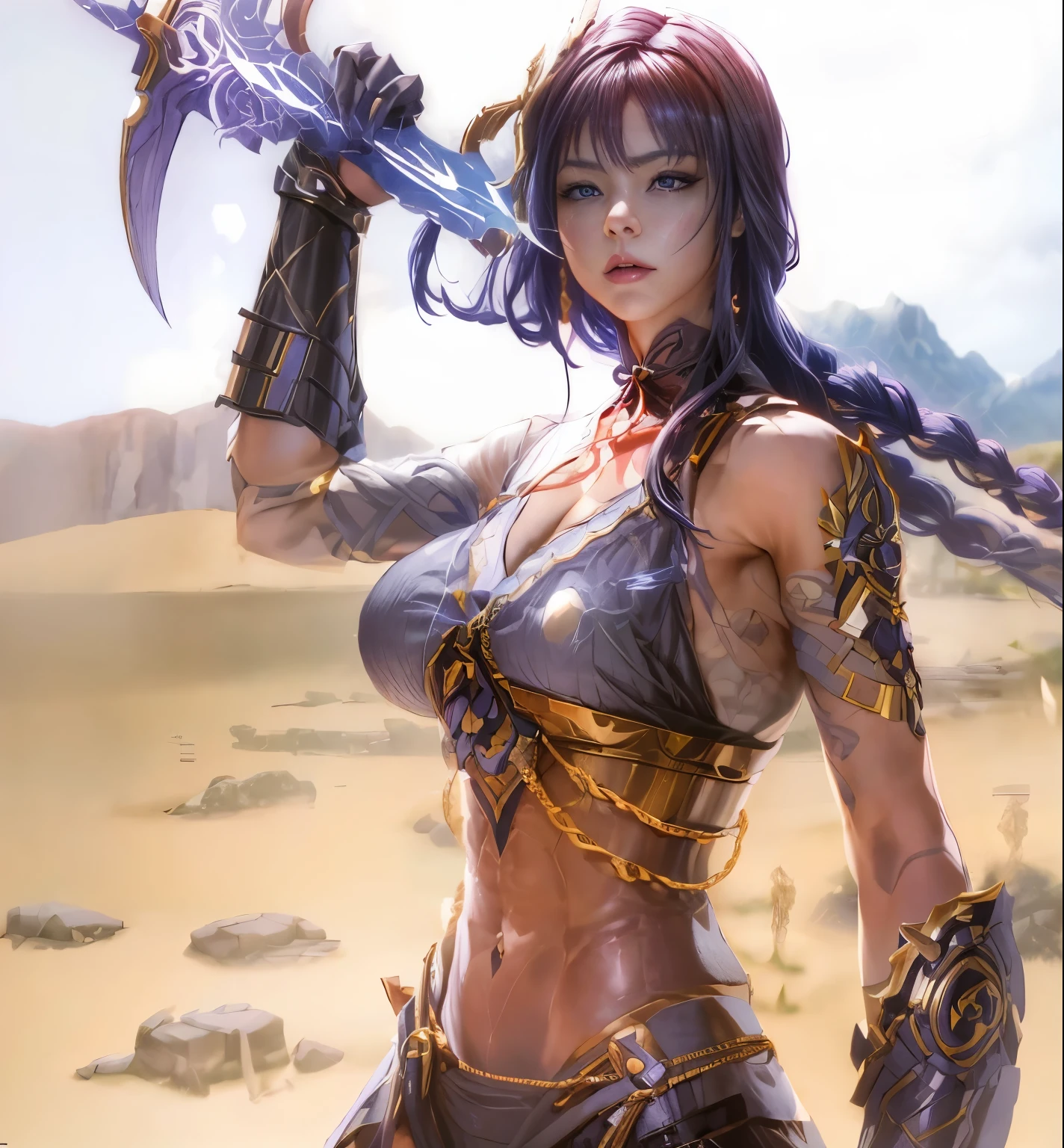 Raiden Shgun, Genshin，valkyrie，Senhora Cavaleiro，Anatomia correta，epic fantasy digital art，tmasterpiece，8k，Realistic color body with high definition resolution, Qulidade Superior，, Epic composition,